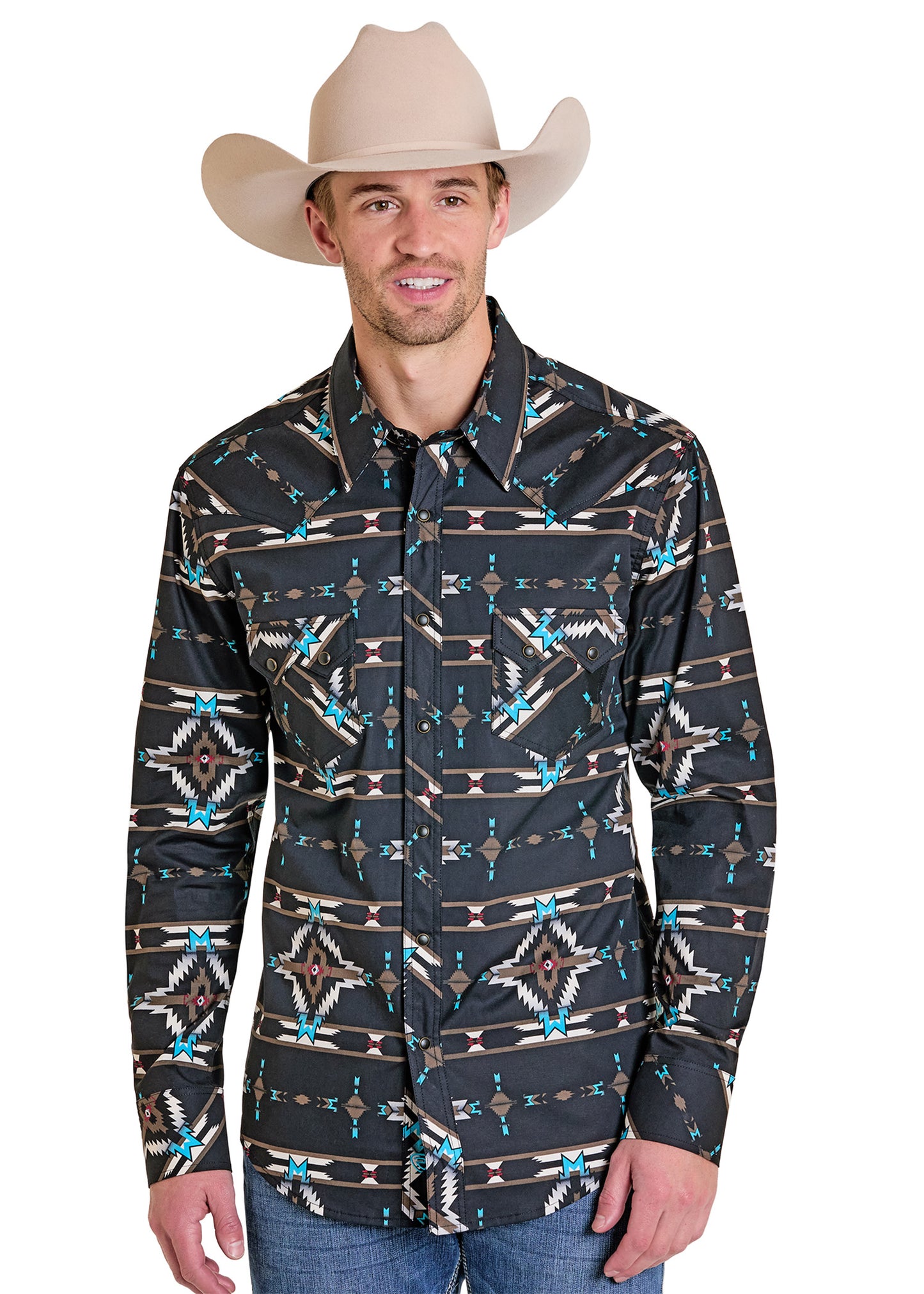 Man wearing a patterned shirt and cowboy hat on a white background