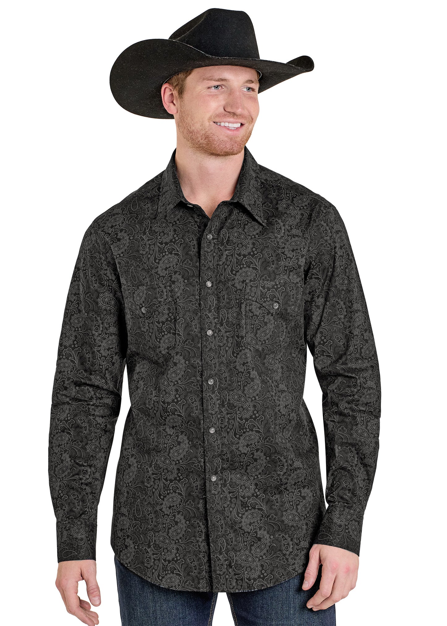 Man wearing a black patterned shirt and cowboy hat on a white background