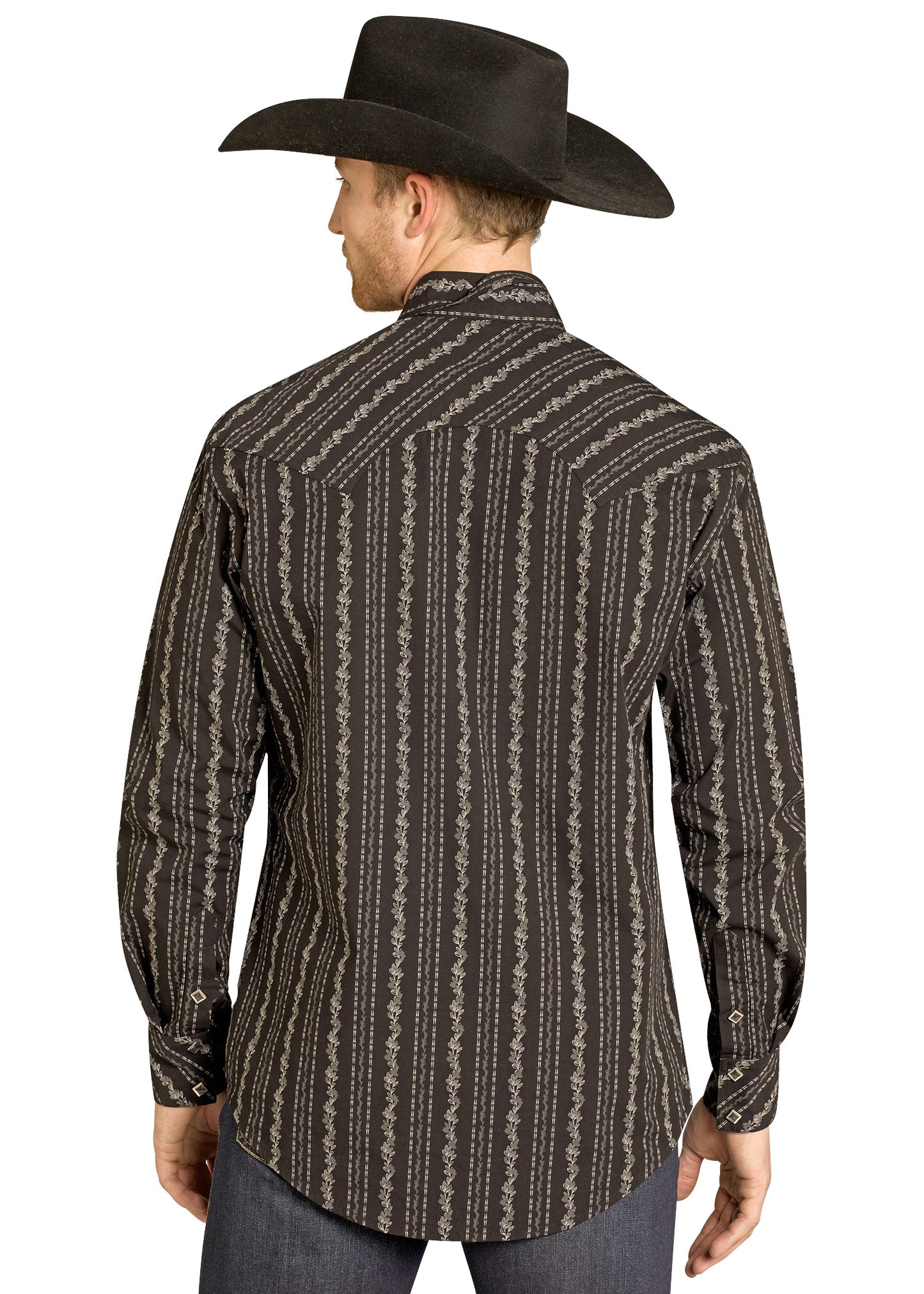 Man wearing a patterned shirt and cowboy hat on a white background