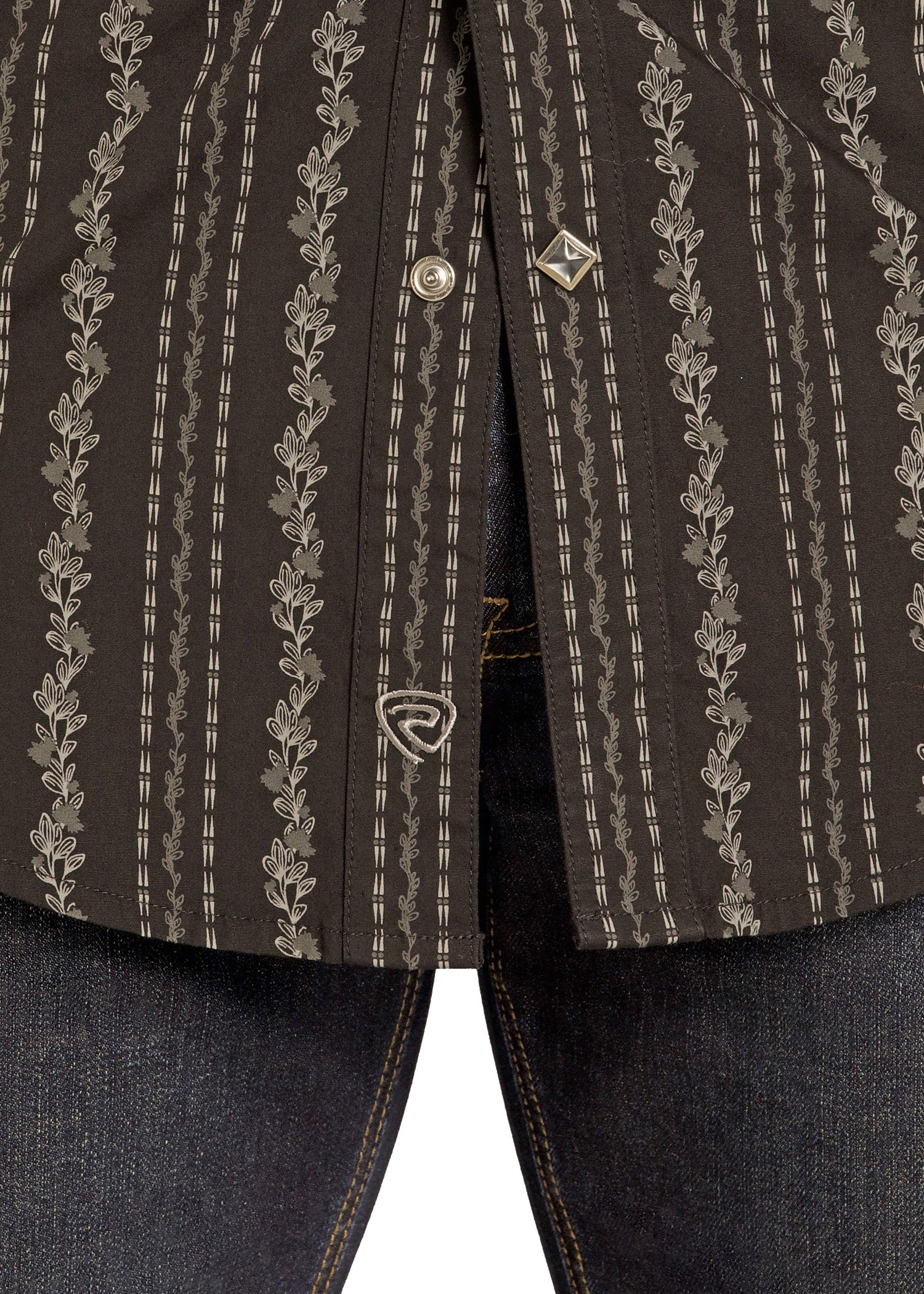 Close-up of a dark brown jacket with intricate patterns and buttons on a white background