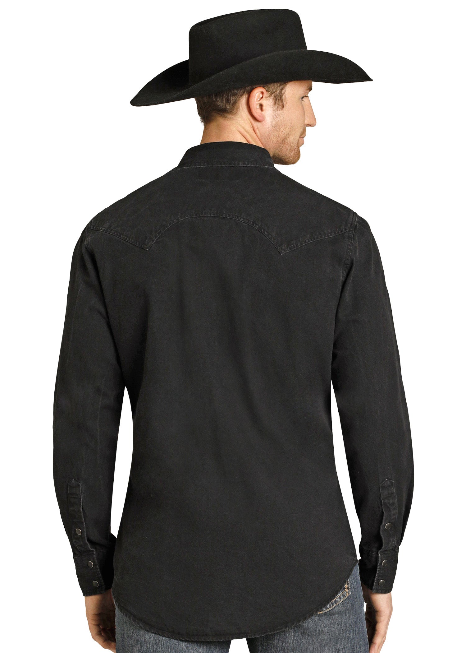 Person wearing a black cowboy hat and black shirt on a white background