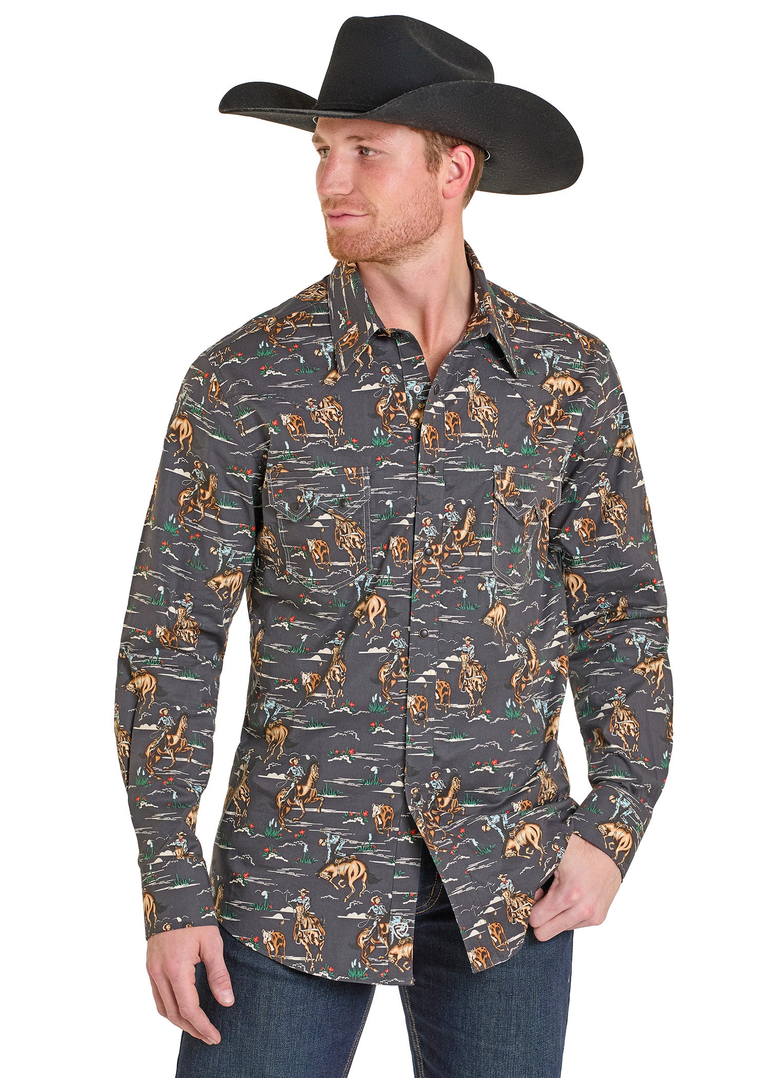 Men's Slim Fit Wild West Cowboy Long Sleeve Snap Shirt | Rock Men's Slim Fit Wild West Cowboy Long Sleeve Snap Shirt | Rock