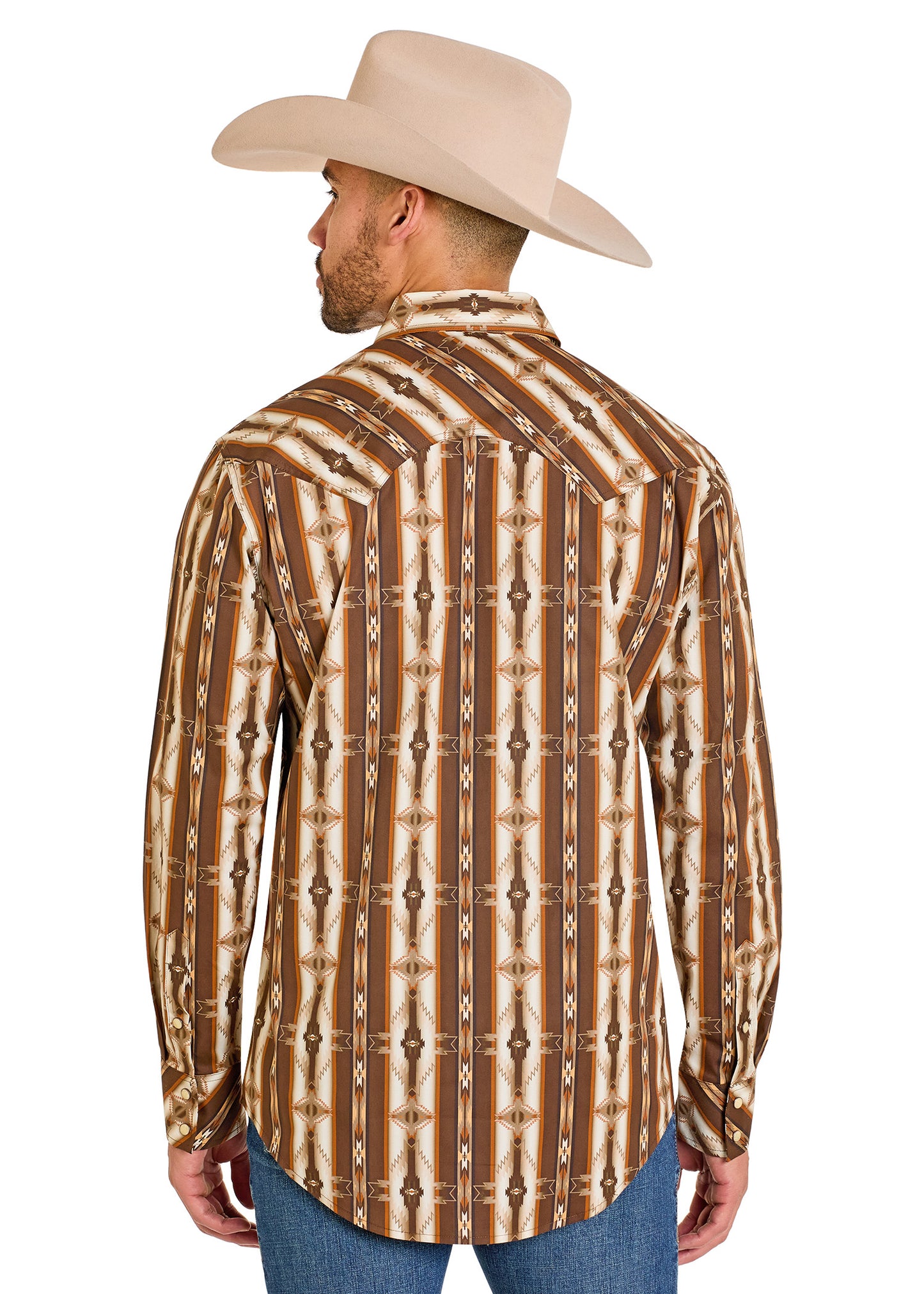Man wearing a patterned shirt and cowboy hat on a white background