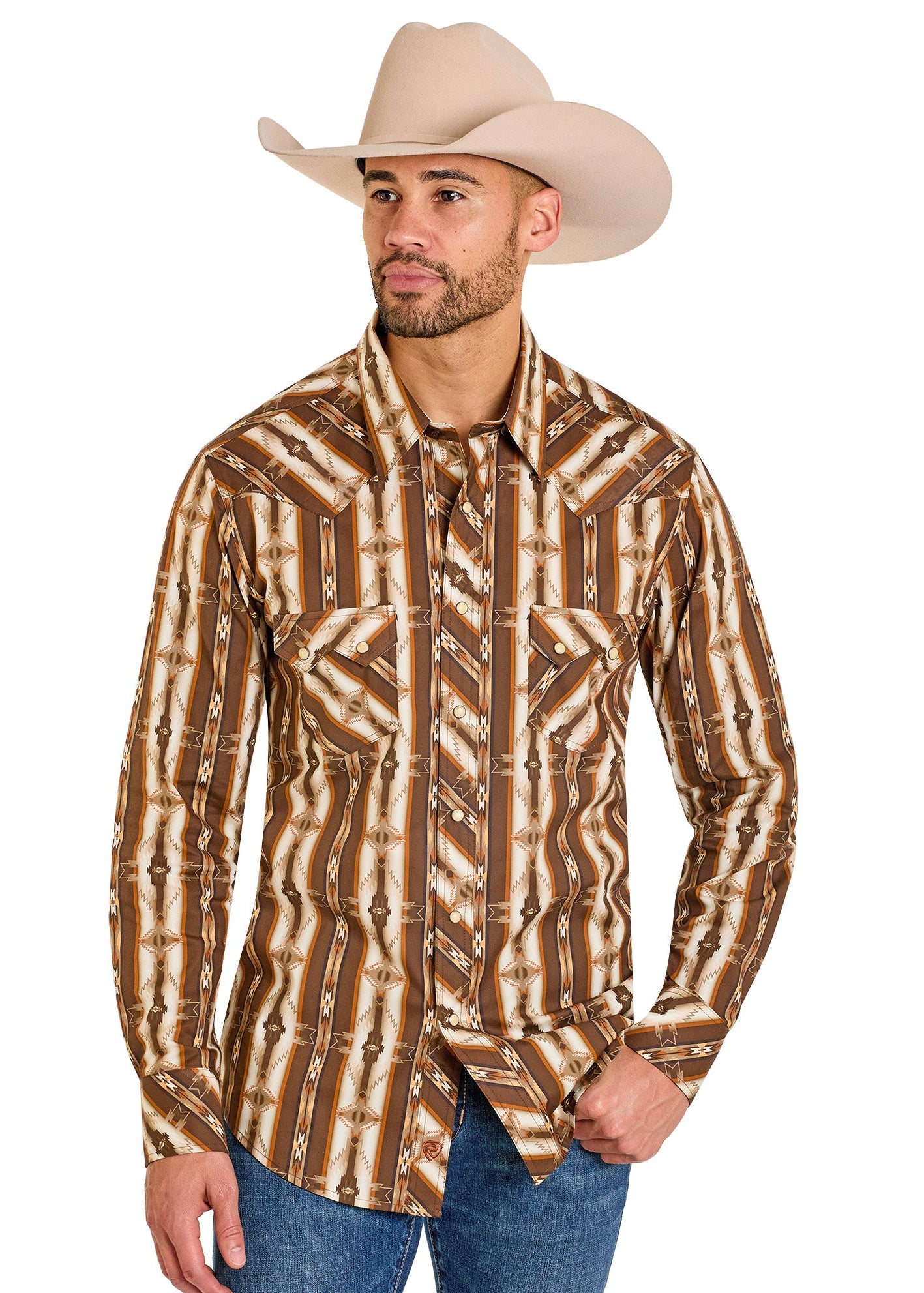 Man wearing a patterned brown and beige shirt with a cowboy hat on a white background