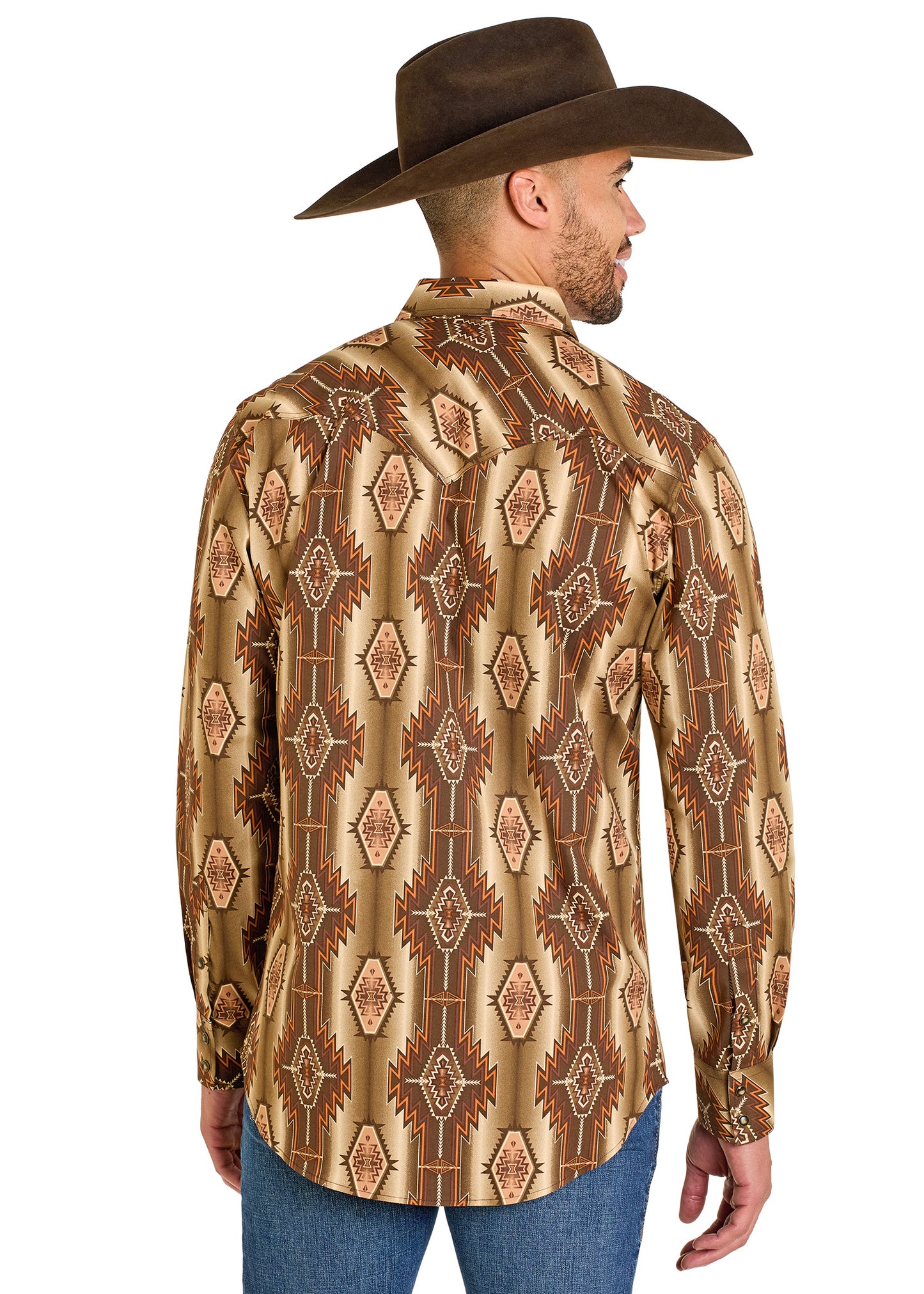 Man wearing a patterned shirt and cowboy hat on a white background