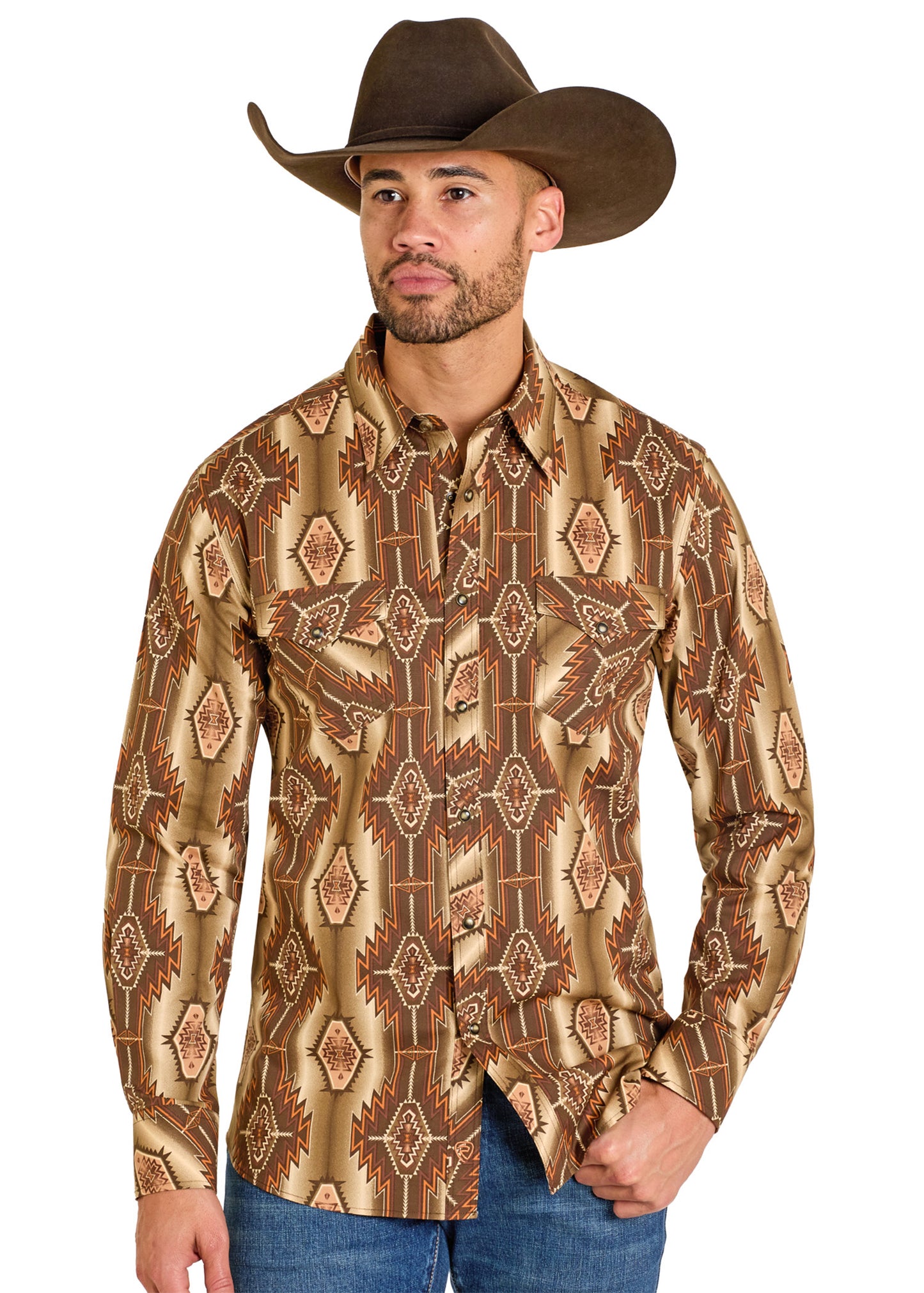 Man wearing a patterned western shirt and cowboy hat on a white background