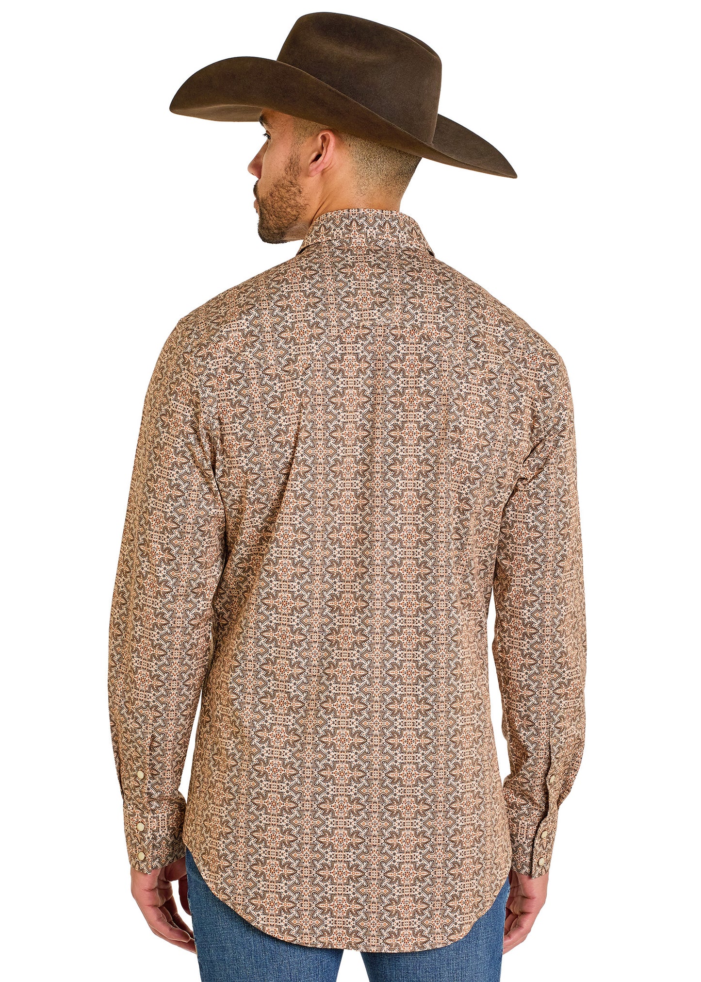 Man wearing a patterned brown shirt and cowboy hat on a white background