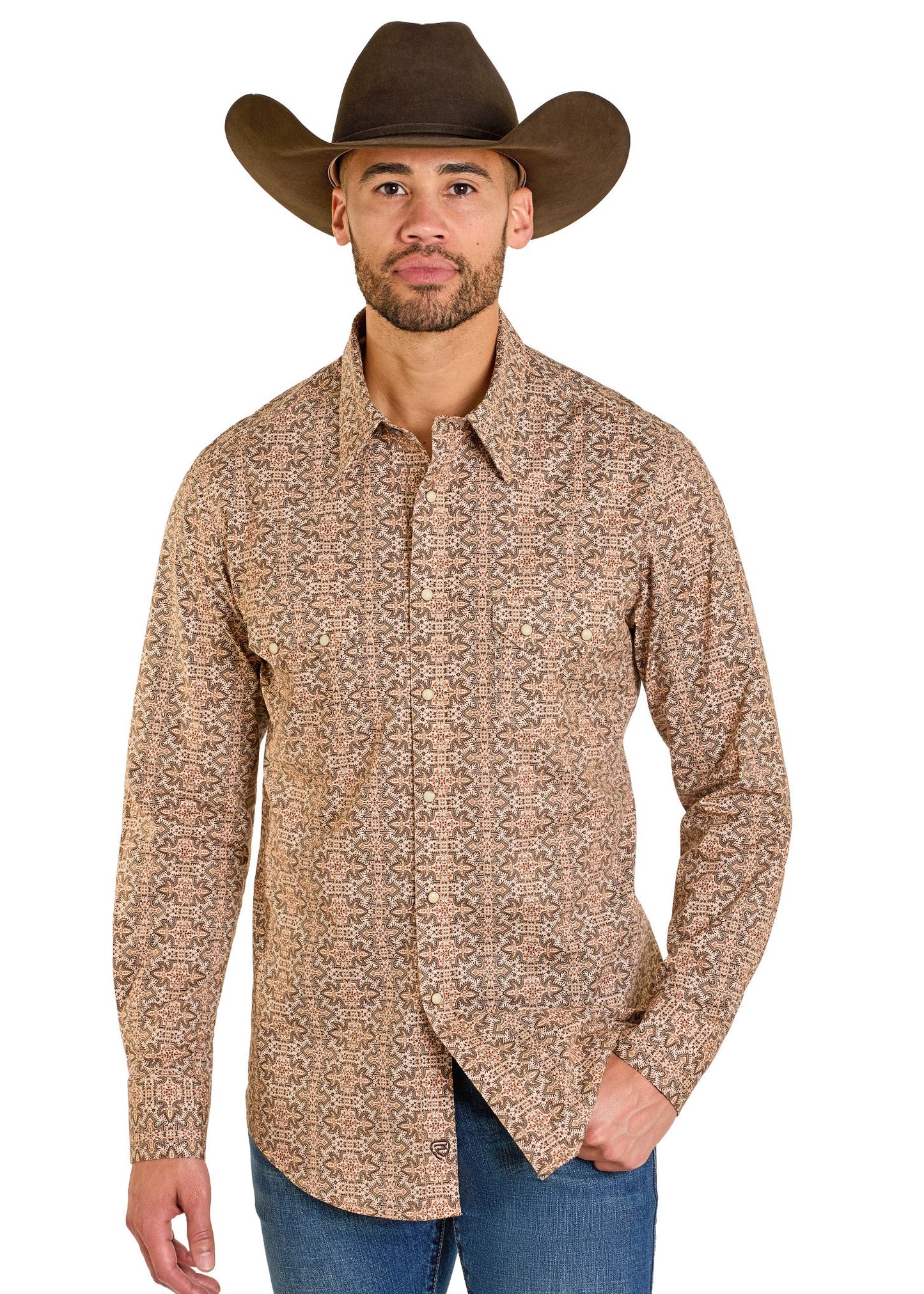 Man wearing a patterned brown shirt and cowboy hat on a white background