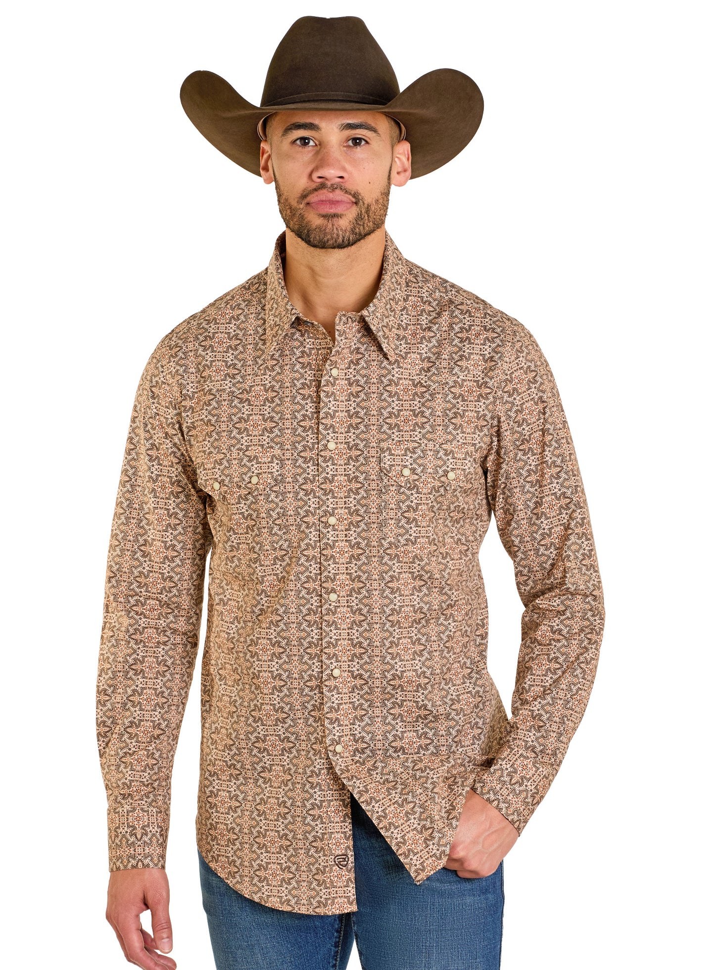 Man wearing a patterned brown shirt and cowboy hat on a white background