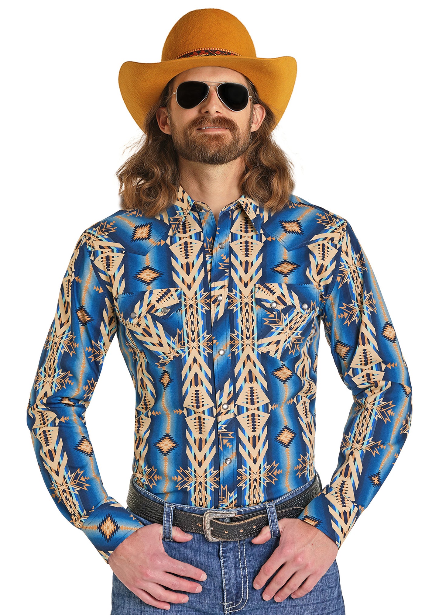 Man wearing a blue and gold patterned shirt with a yellow cowboy hat and sunglasses on a white background