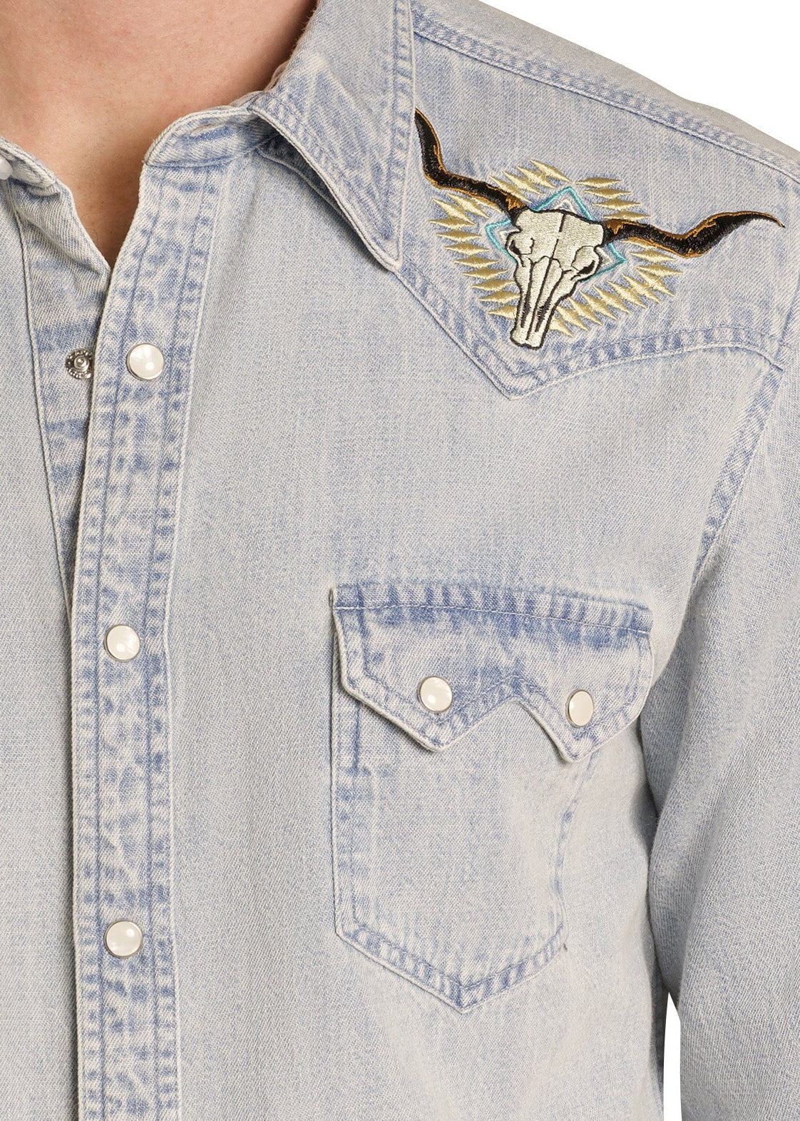 Men's Slim Fit Light Wash Longhorn Denim Snap Shirt | Rock & Roll