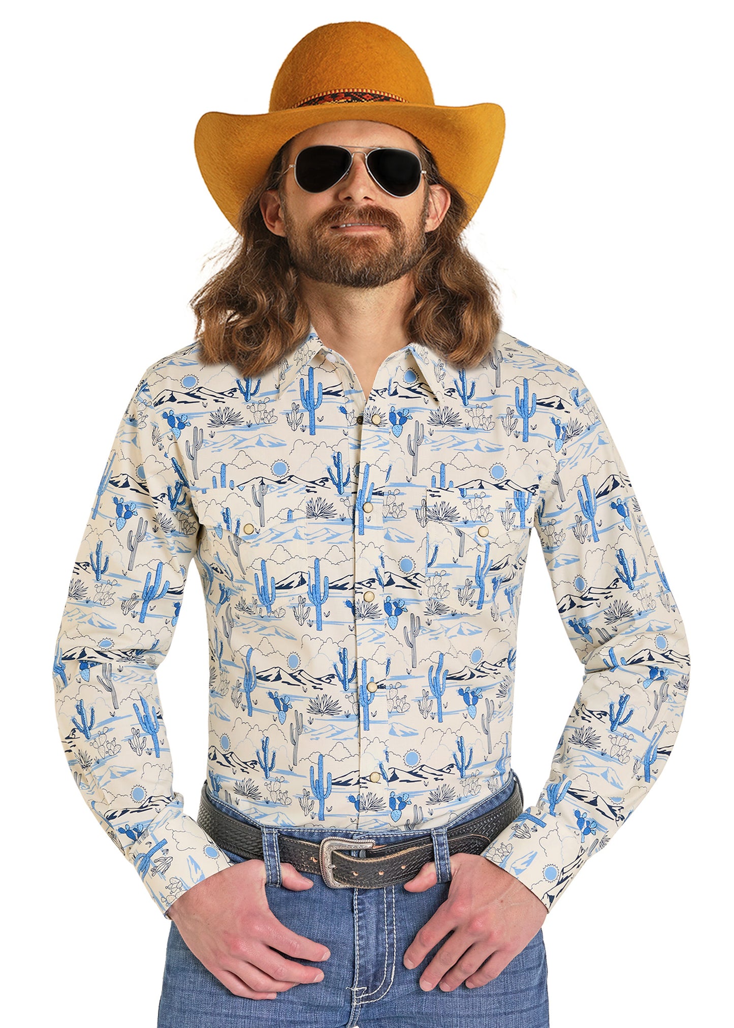 Man wearing a patterned shirt with cactus design, sunglasses, and a yellow hat on a white background