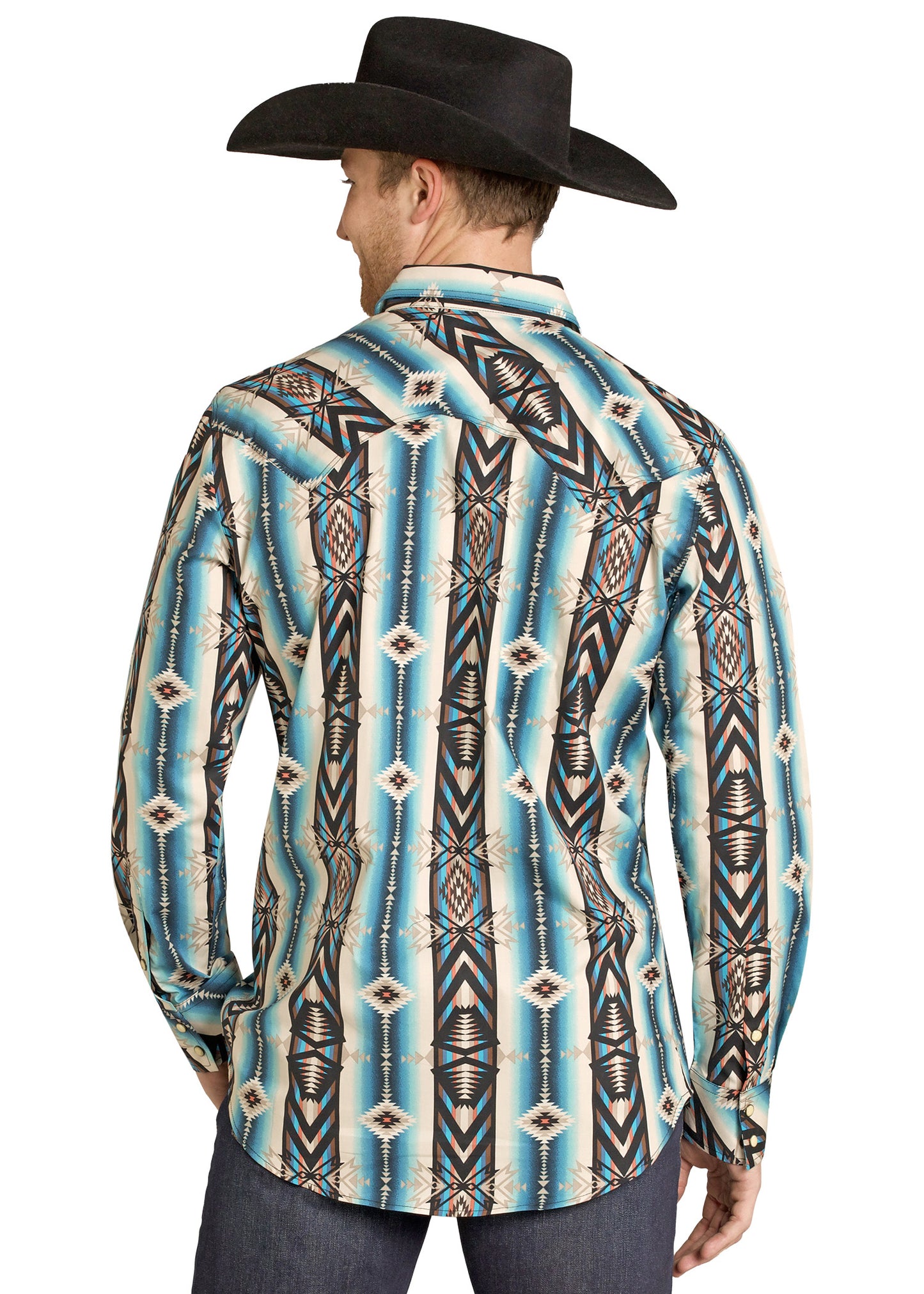 Man wearing a patterned shirt and cowboy hat on a white background