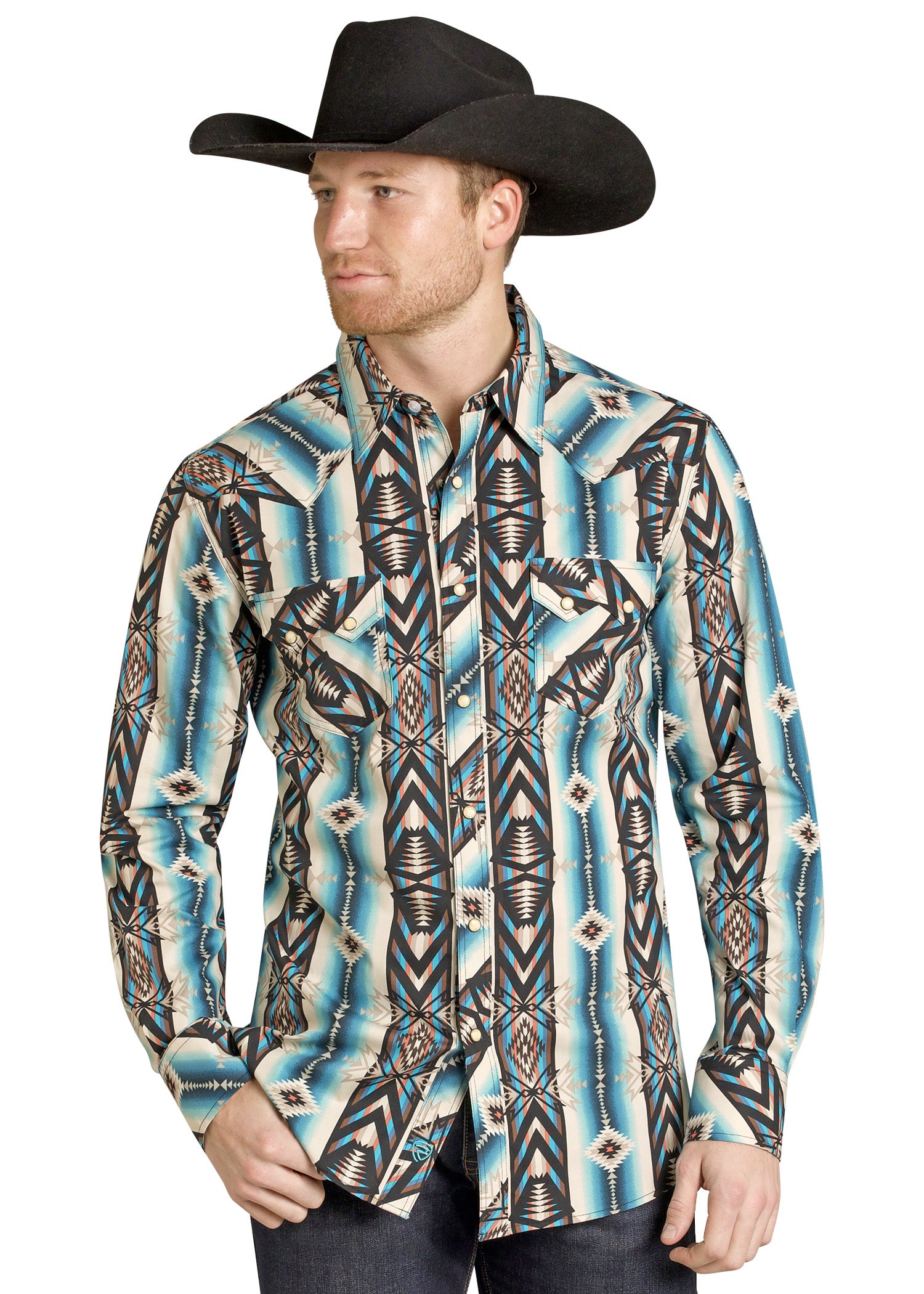 Men's Slim Fit Blue Aztec Tapestry Long Sleeve Snap Shirt | Rock