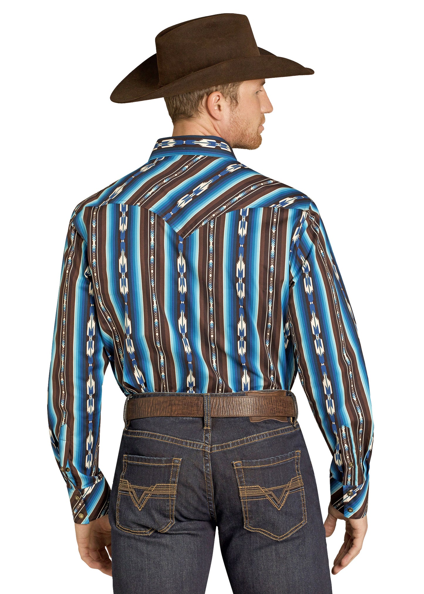 Man wearing a patterned shirt and cowboy hat on a white background