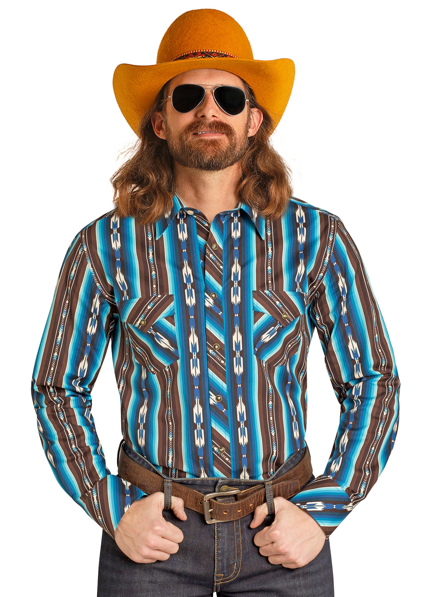 Man wearing a patterned shirt, sunglasses, and a yellow cowboy hat on a white background