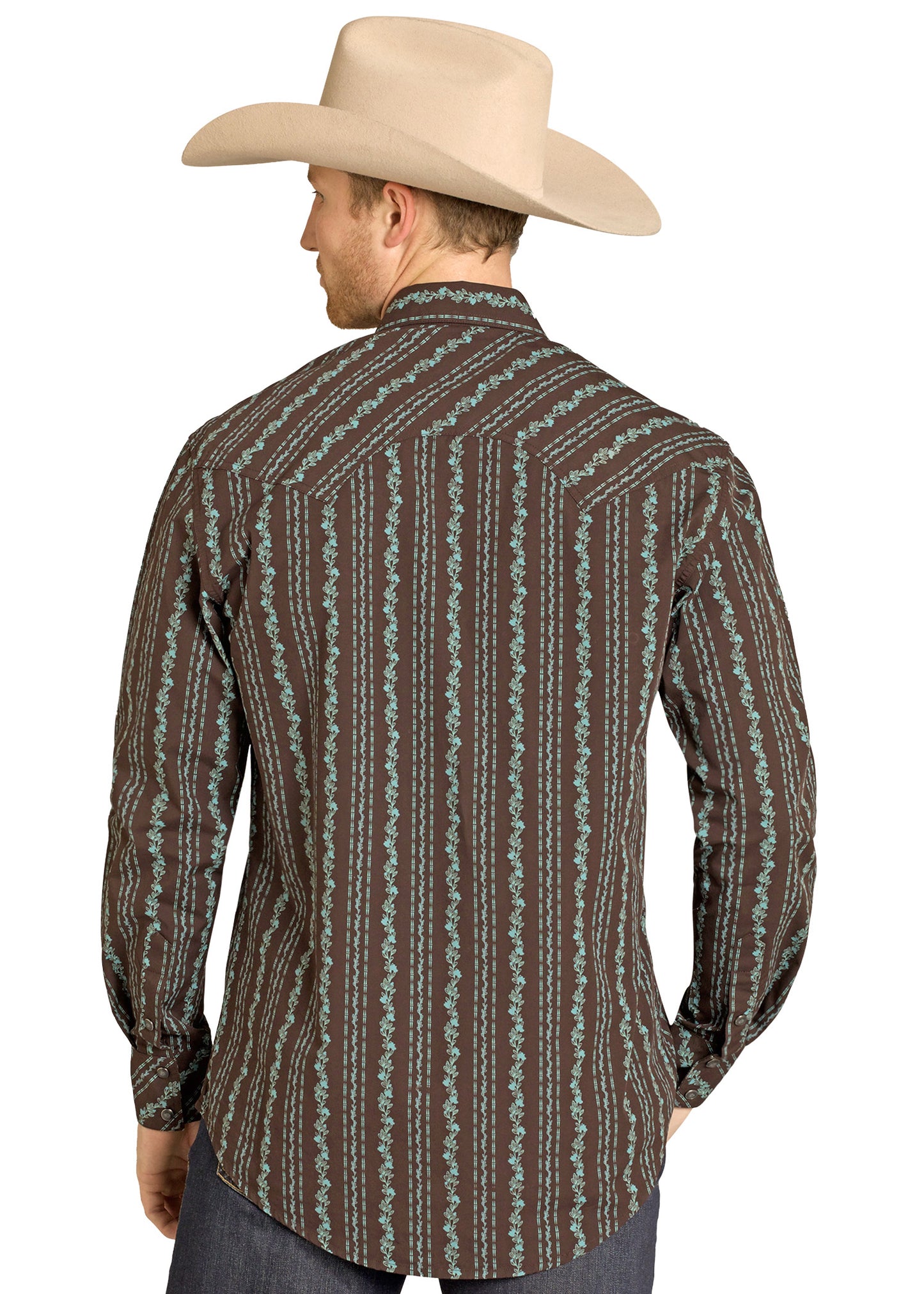Man wearing a patterned shirt and cowboy hat on a white background