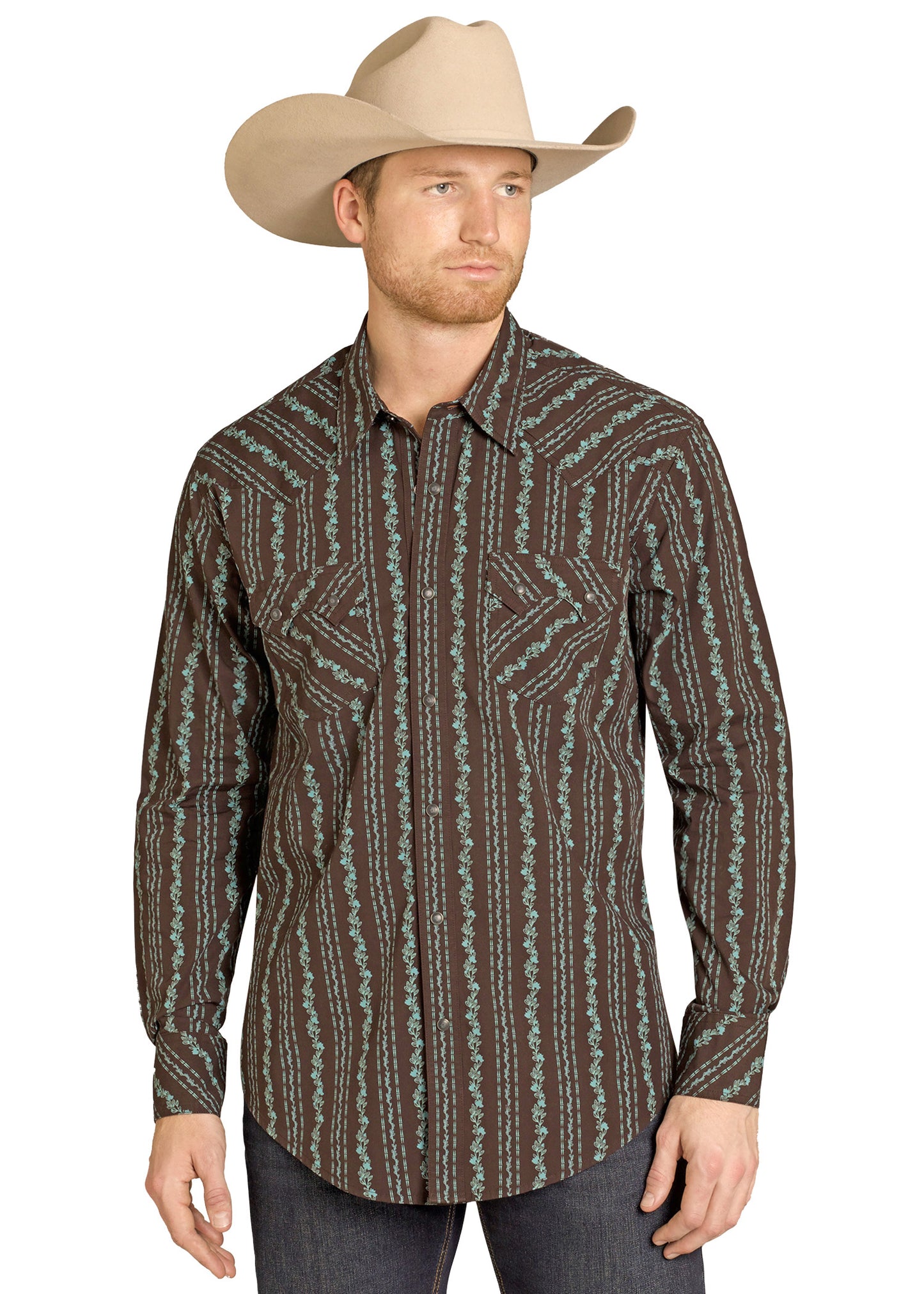 Man wearing a patterned shirt and cowboy hat on a white background