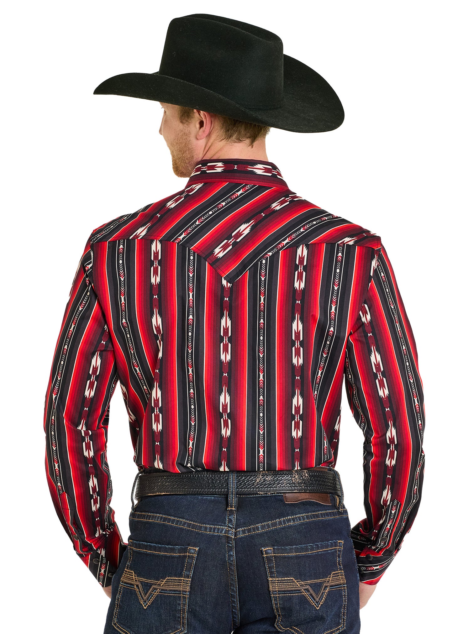 Man wearing a red and black striped western shirt with a cowboy hat on a white background