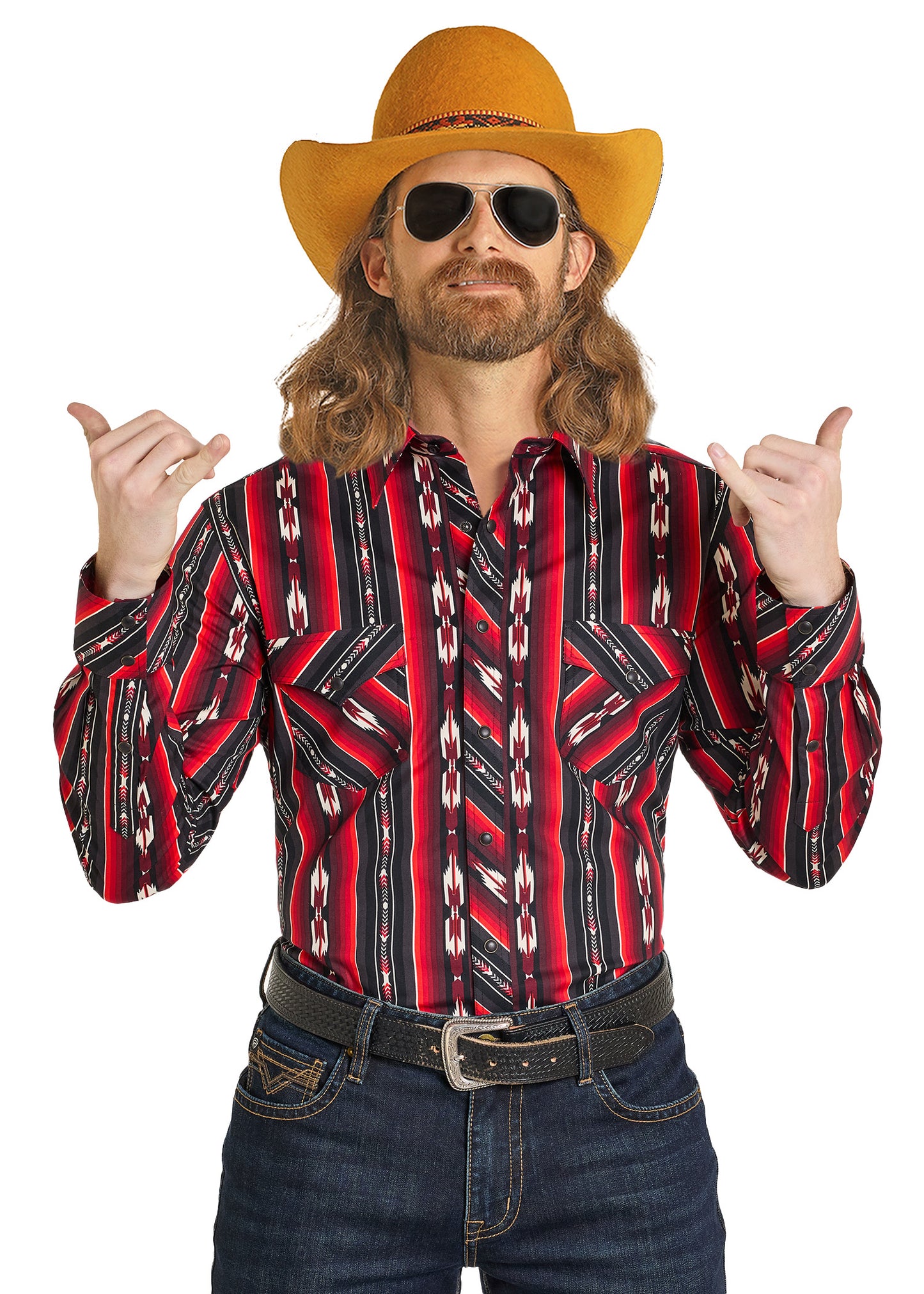 Man wearing a red and black patterned shirt, yellow cowboy hat, and sunglasses on a white background