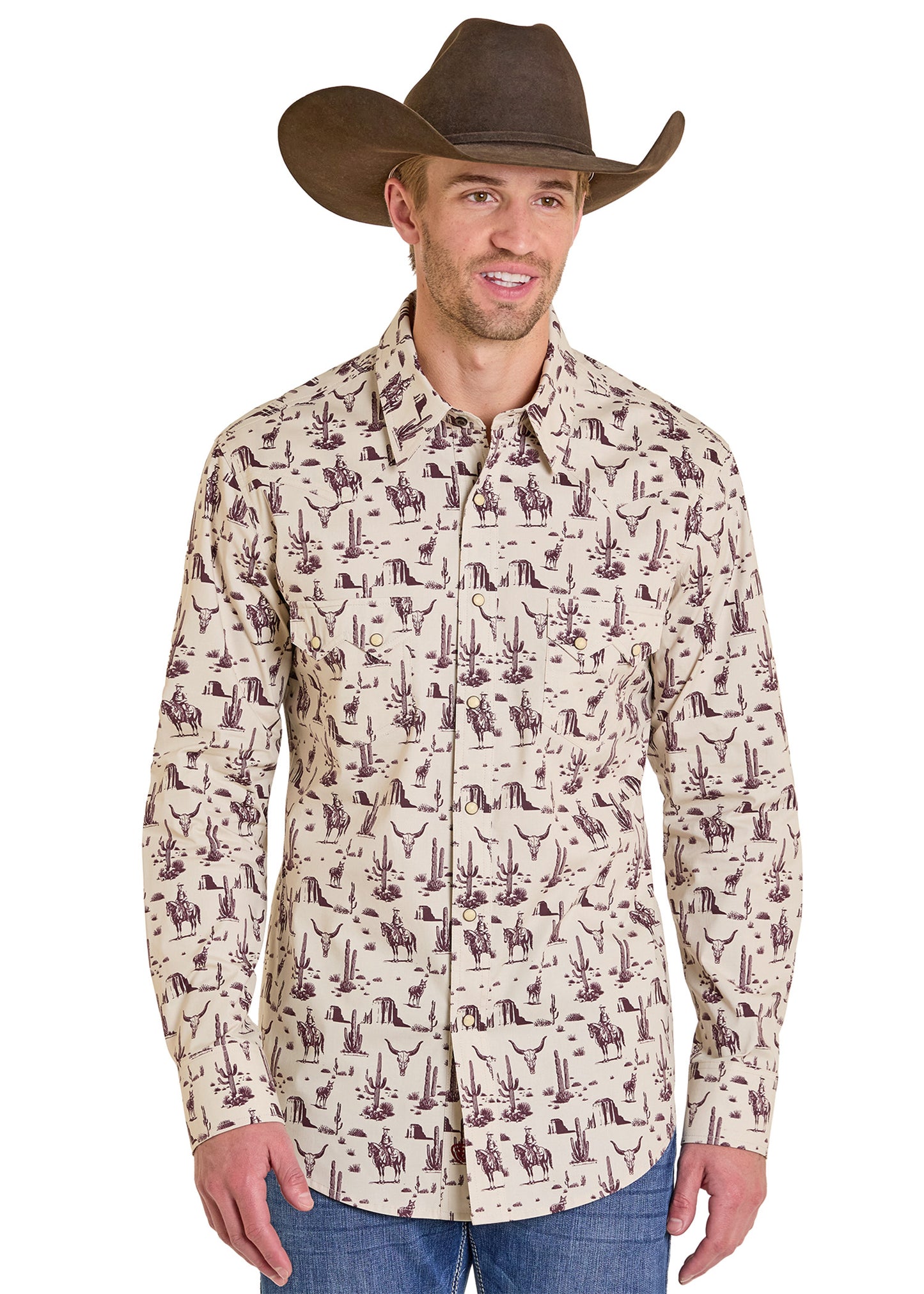 Man wearing a patterned shirt and cowboy hat on a white background