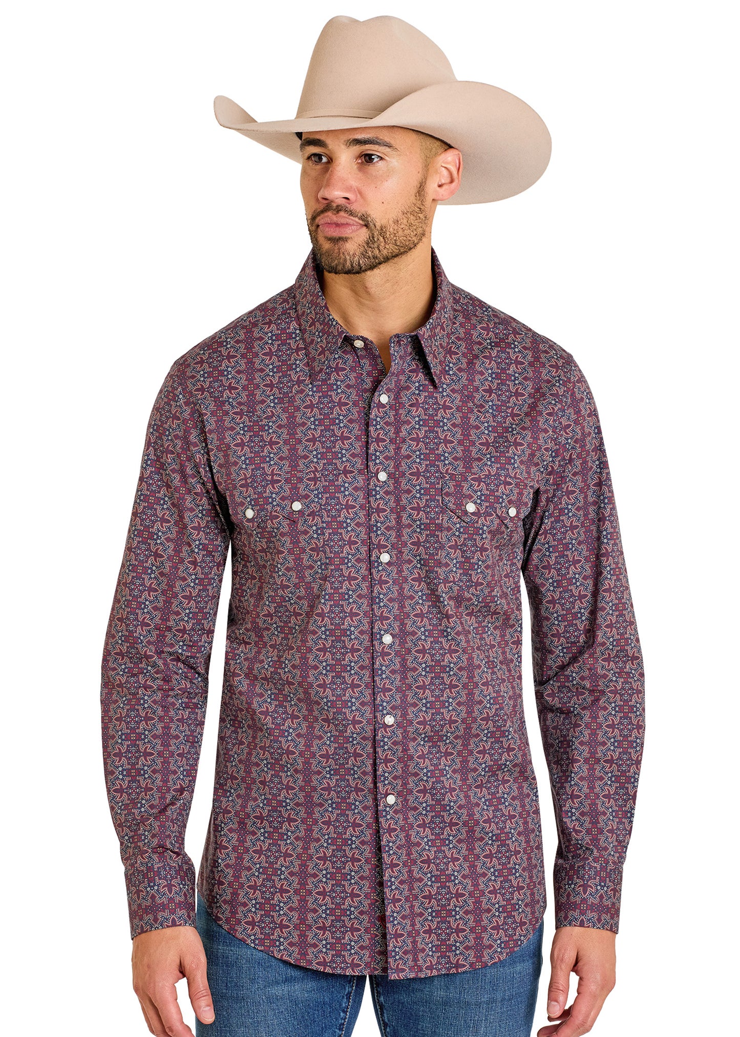 Man wearing a patterned shirt and cowboy hat on a white background