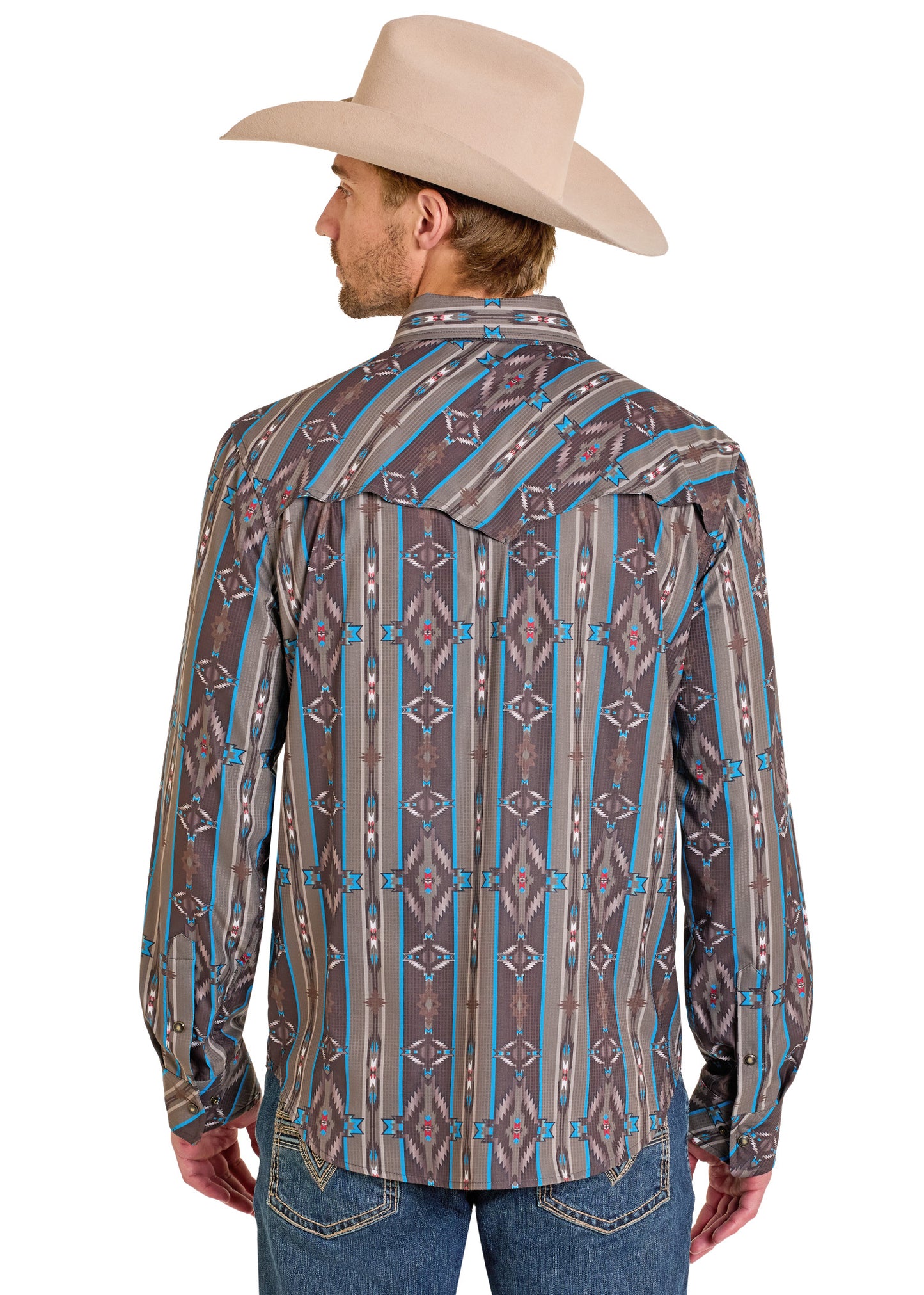 Man wearing a patterned western shirt and cowboy hat on a white background