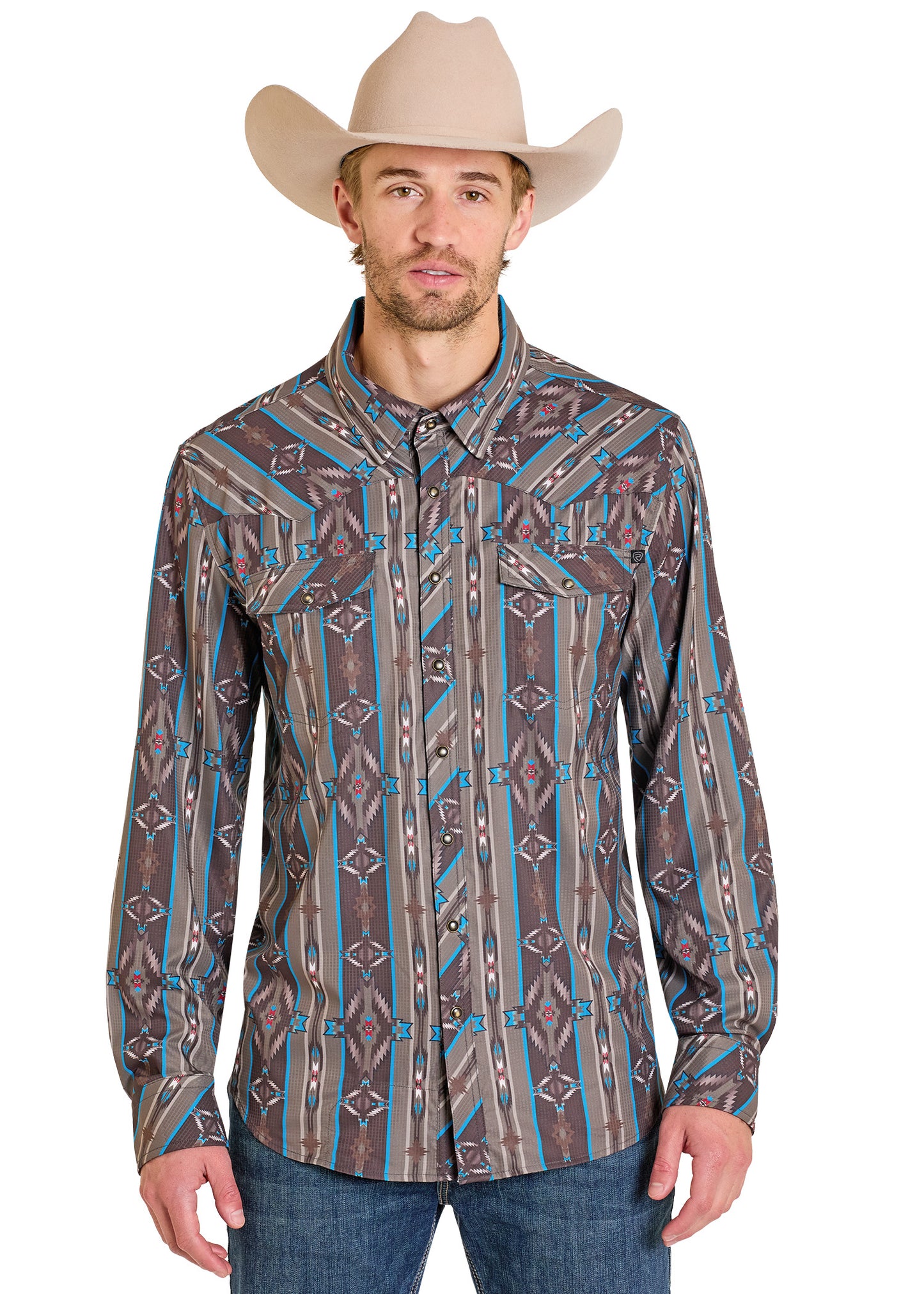 Man wearing a patterned long-sleeve shirt and cowboy hat on a white background