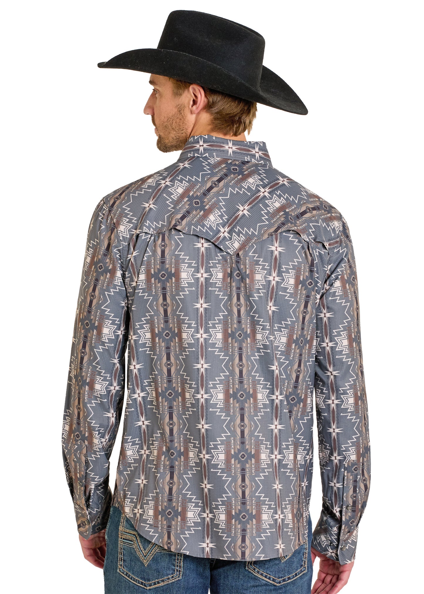 Man wearing a patterned long-sleeve shirt and black cowboy hat on a white background