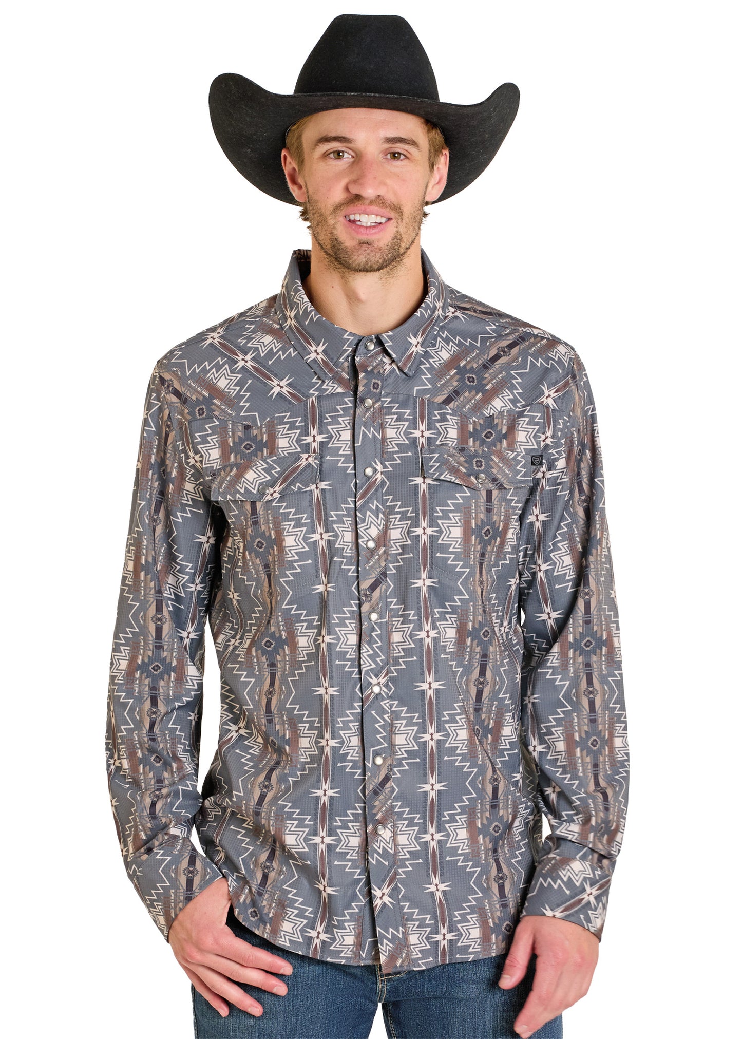 Man wearing a patterned shirt and cowboy hat on a white background