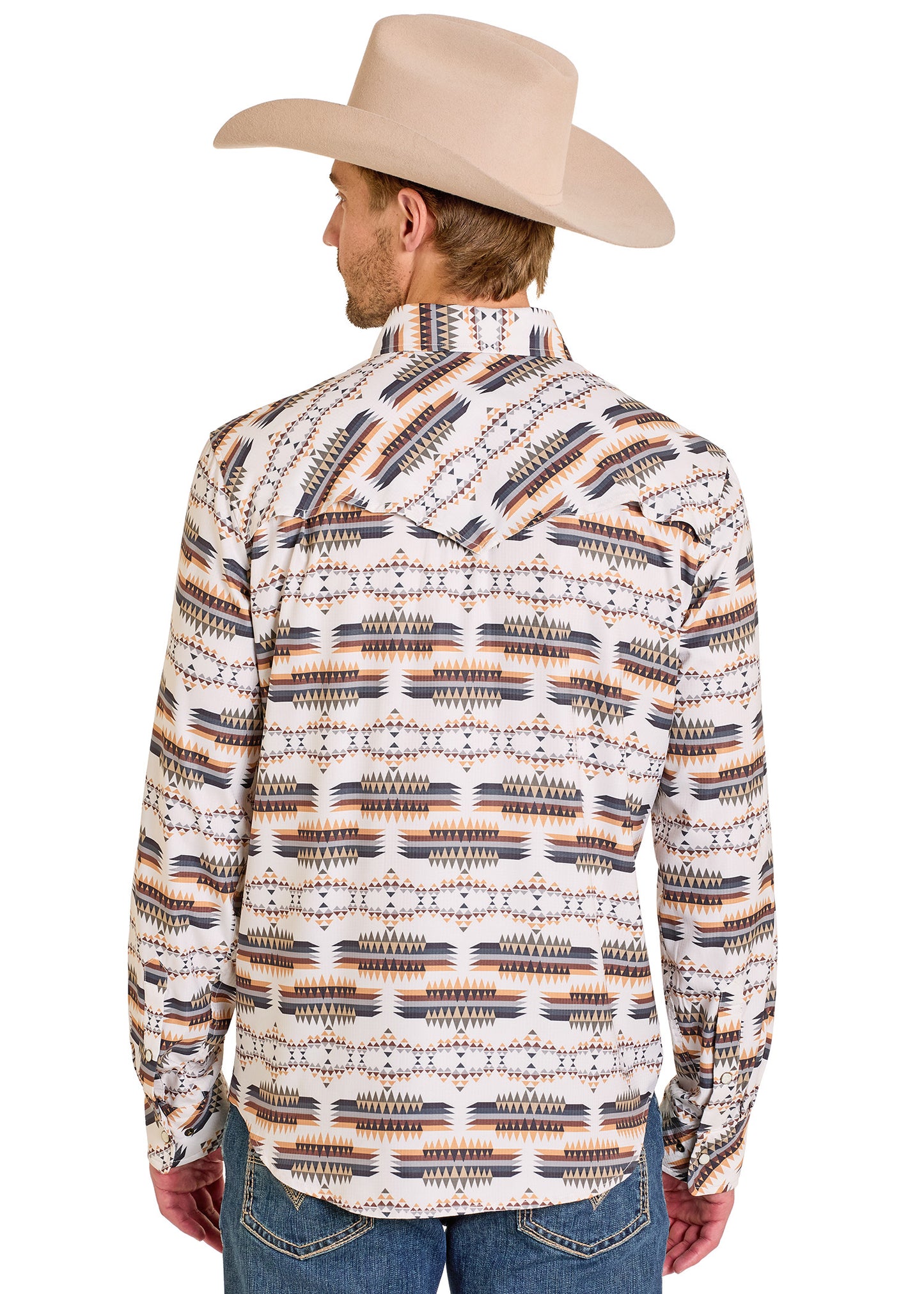 Man wearing a patterned long-sleeve shirt and cowboy hat on a white background
