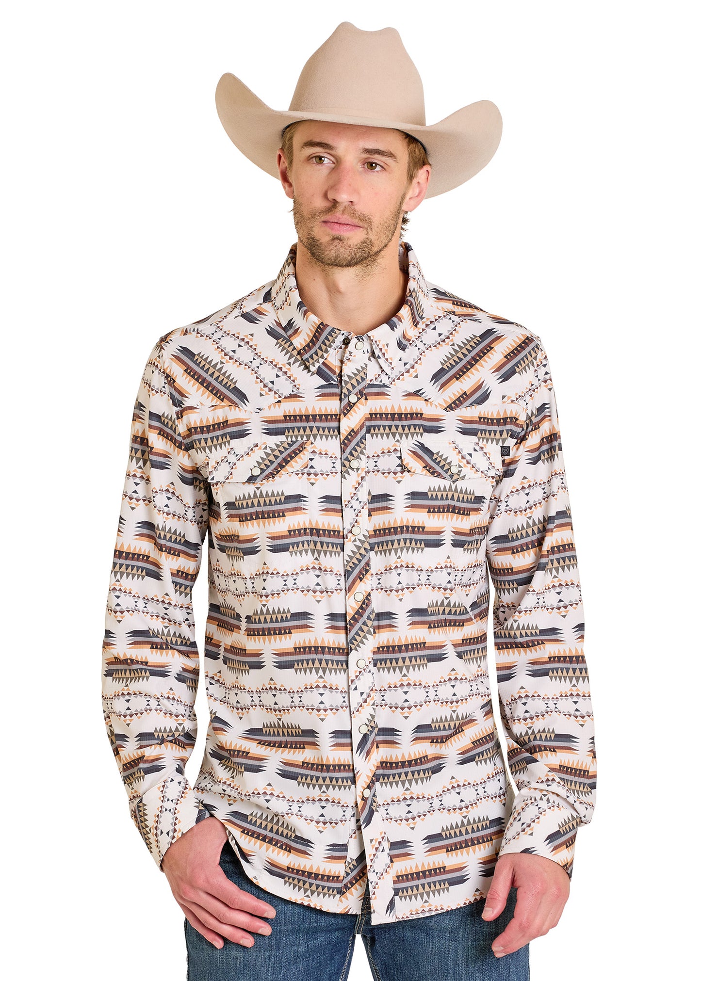 Man wearing a patterned long-sleeve shirt and cowboy hat on a white background