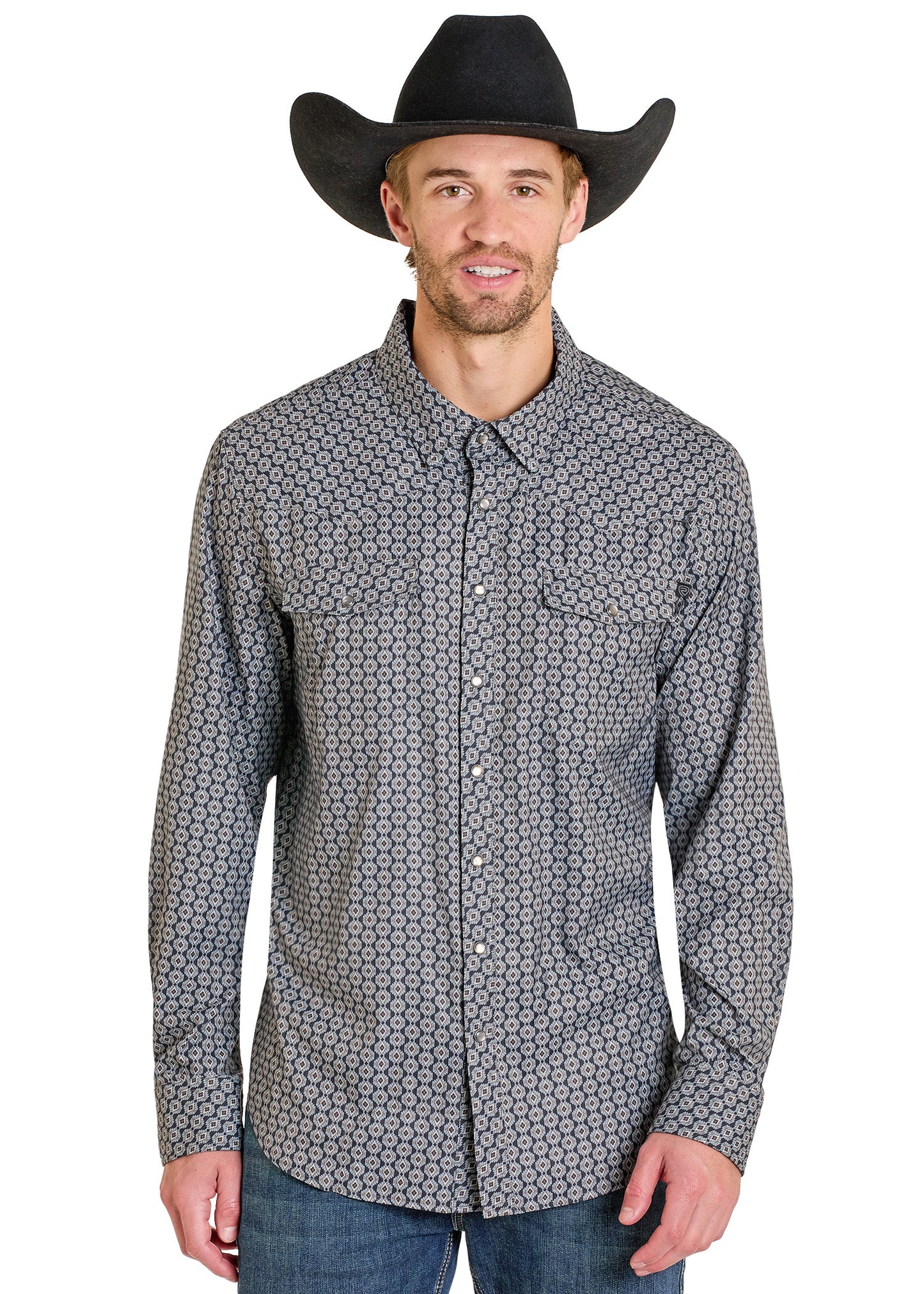 Man wearing a patterned shirt and cowboy hat on a white background