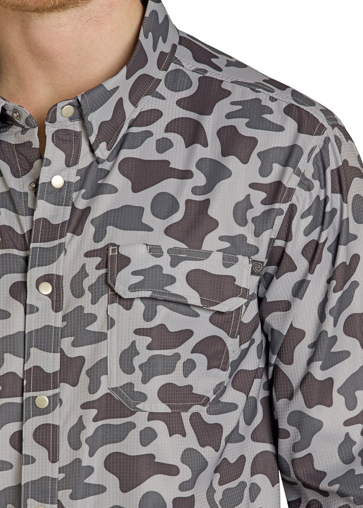 Camouflage-patterned shirt worn by a person