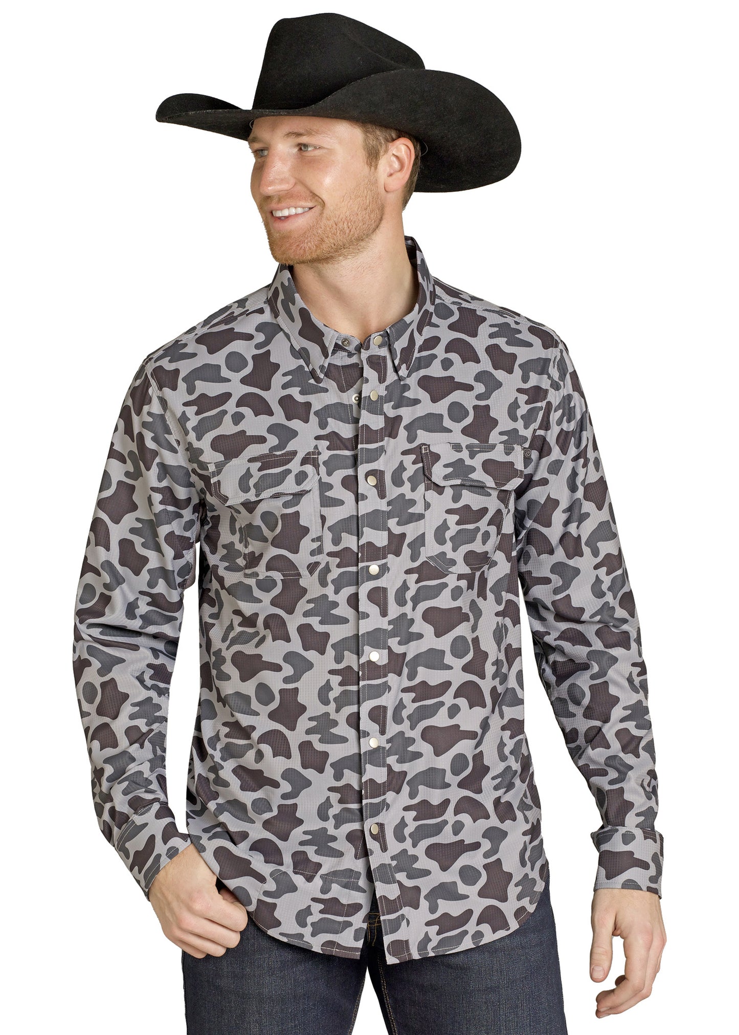 Man wearing a camouflage shirt and black cowboy hat on a white background