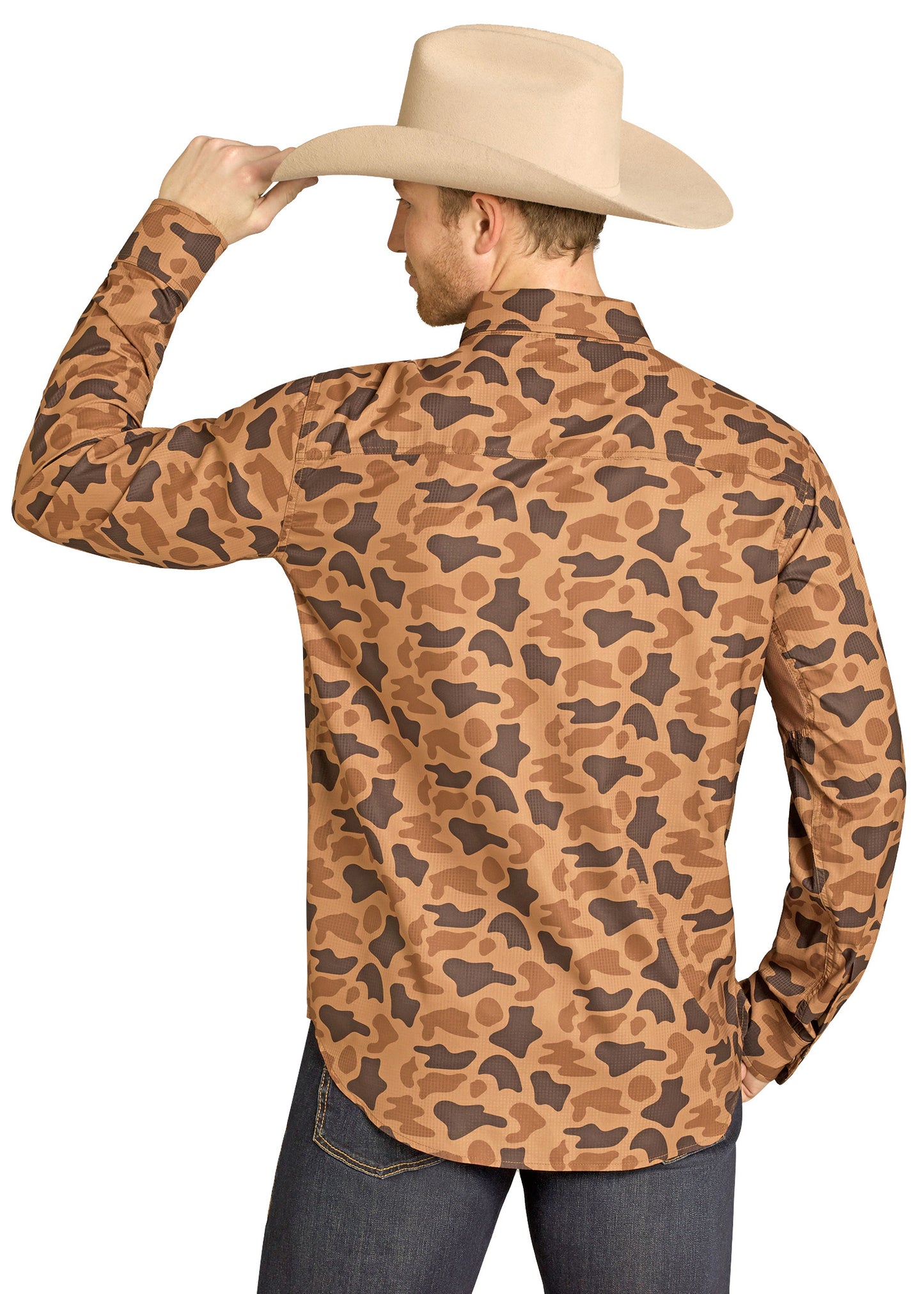 Man wearing a camouflage-patterned shirt and cowboy hat on a white background
