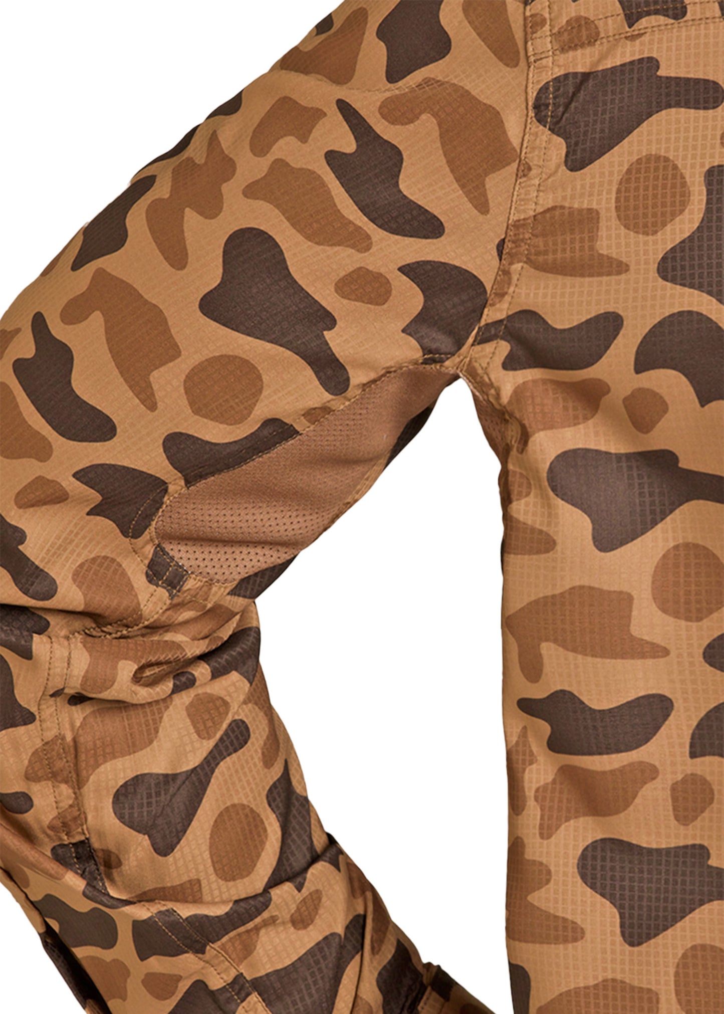 Close-up of brown camouflage pants on a white background