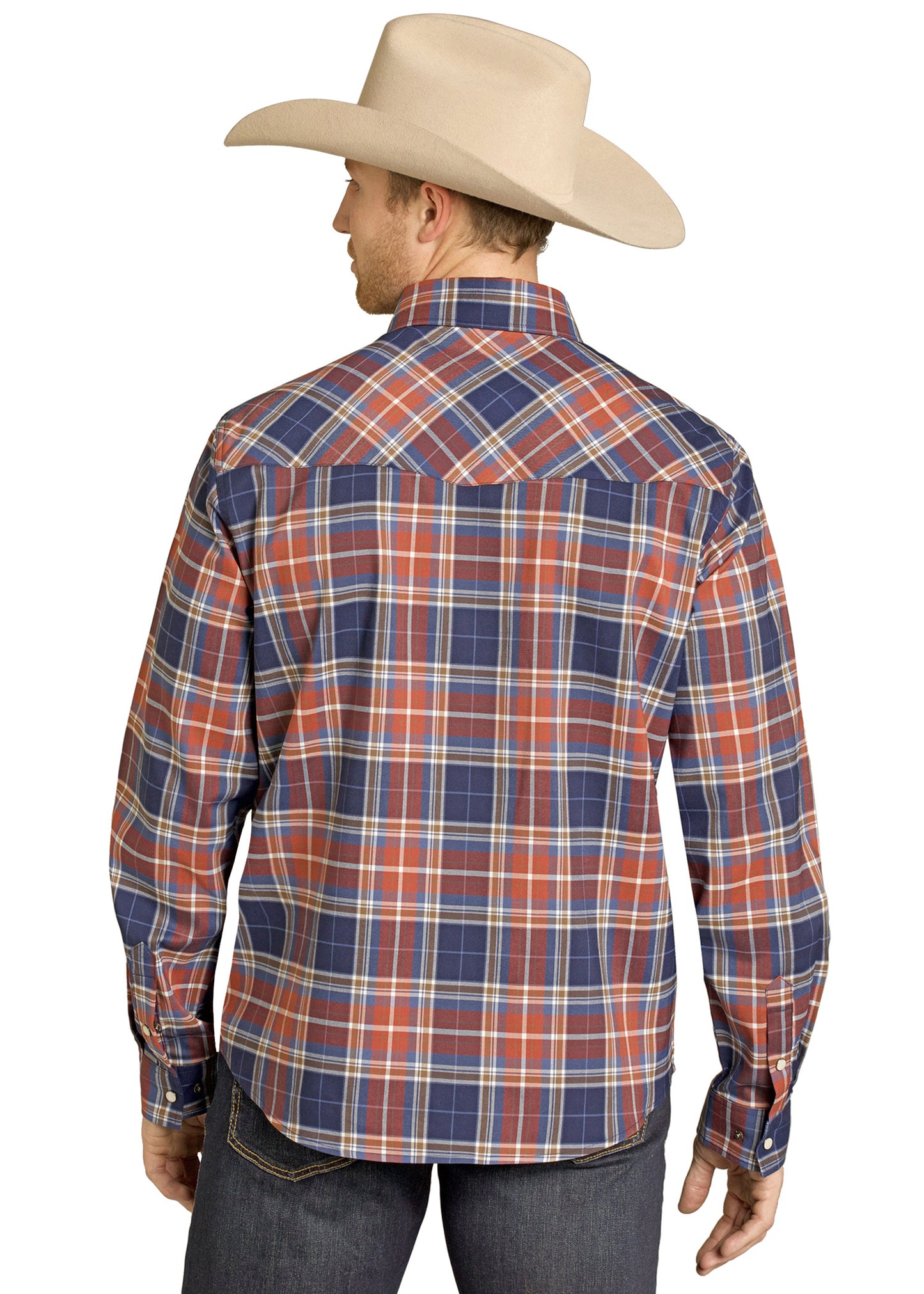 Man wearing a plaid shirt and cowboy hat on a white background