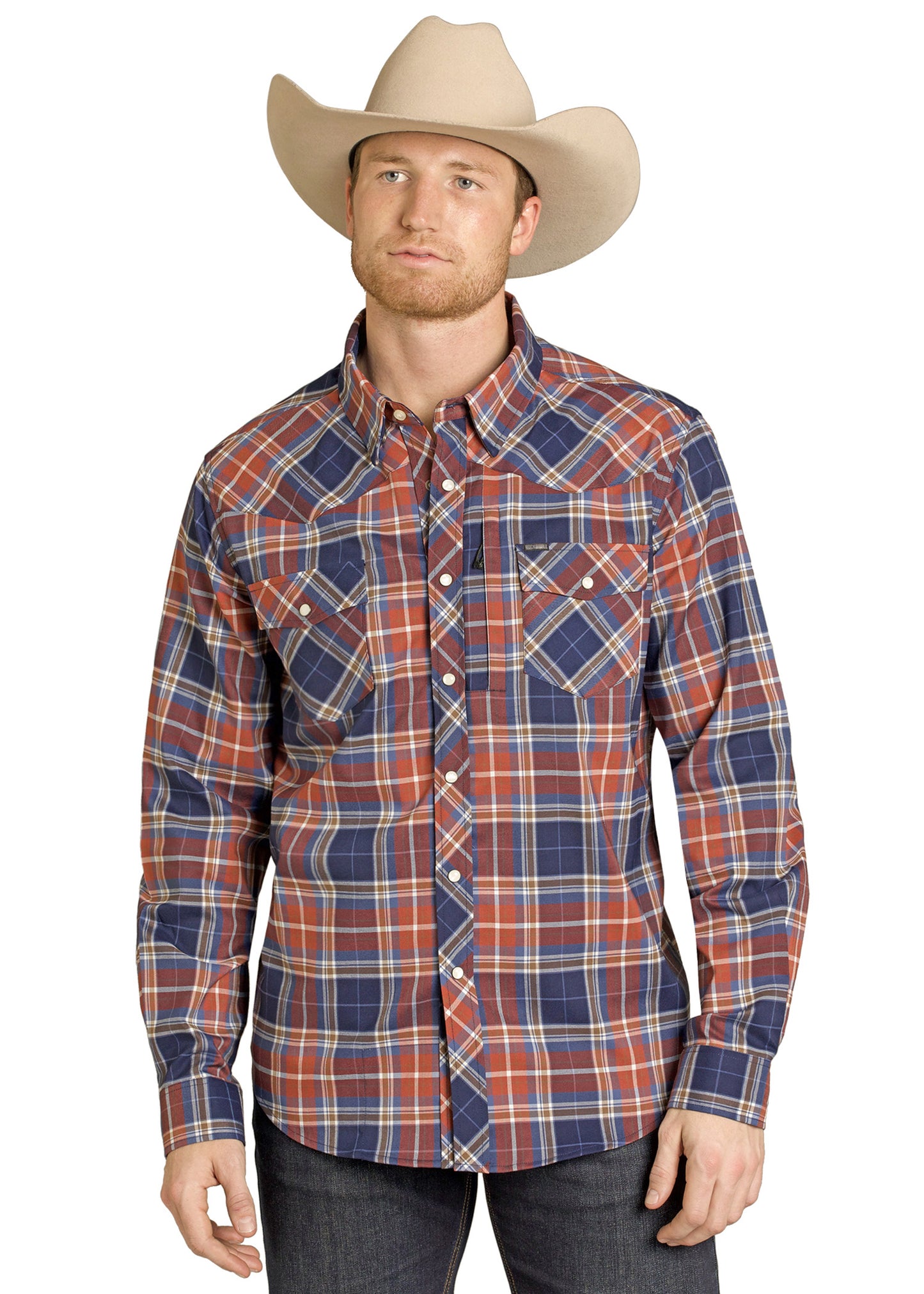 Man wearing a plaid shirt and cowboy hat on a white background