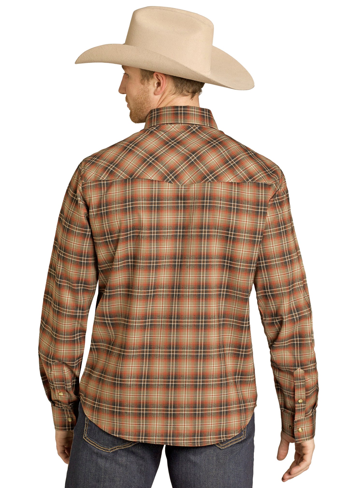 Man wearing a plaid shirt and cowboy hat on a white background