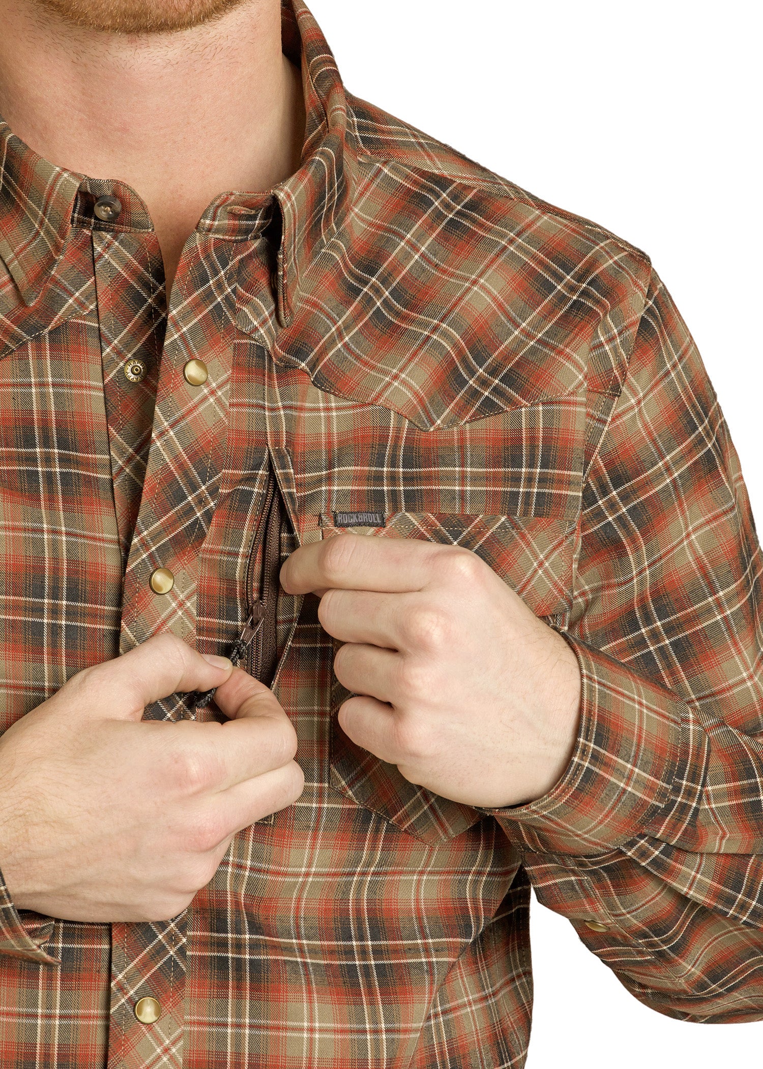 Person wearing a plaid shirt with a visible brand logo on a white background