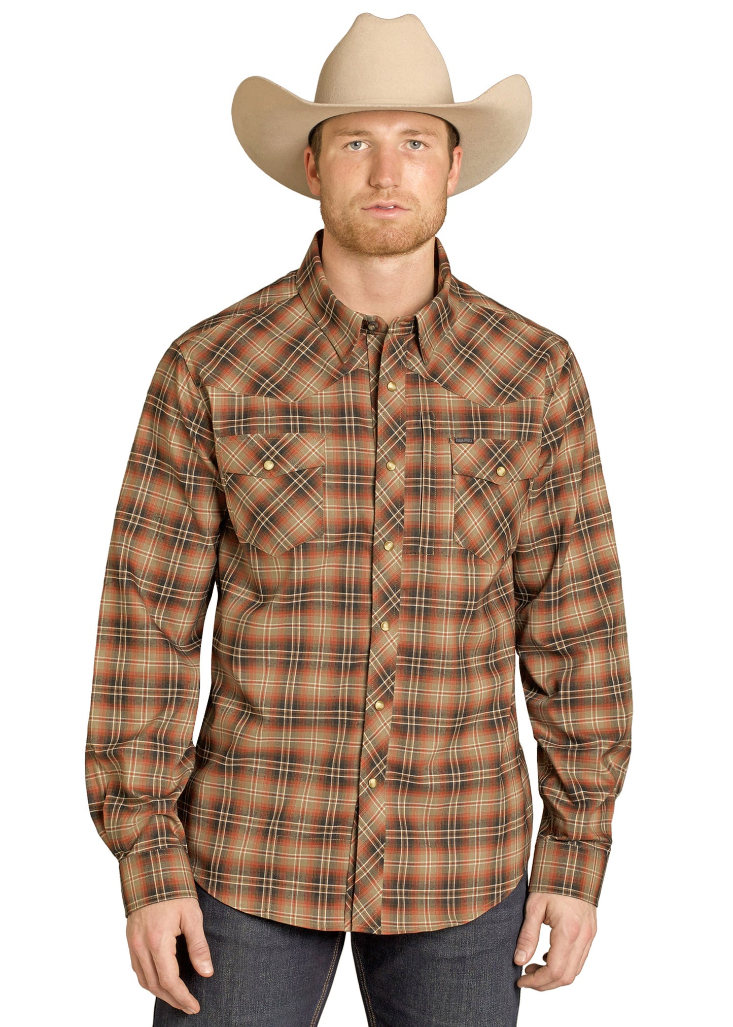 Man wearing a plaid shirt and cowboy hat on a white background
