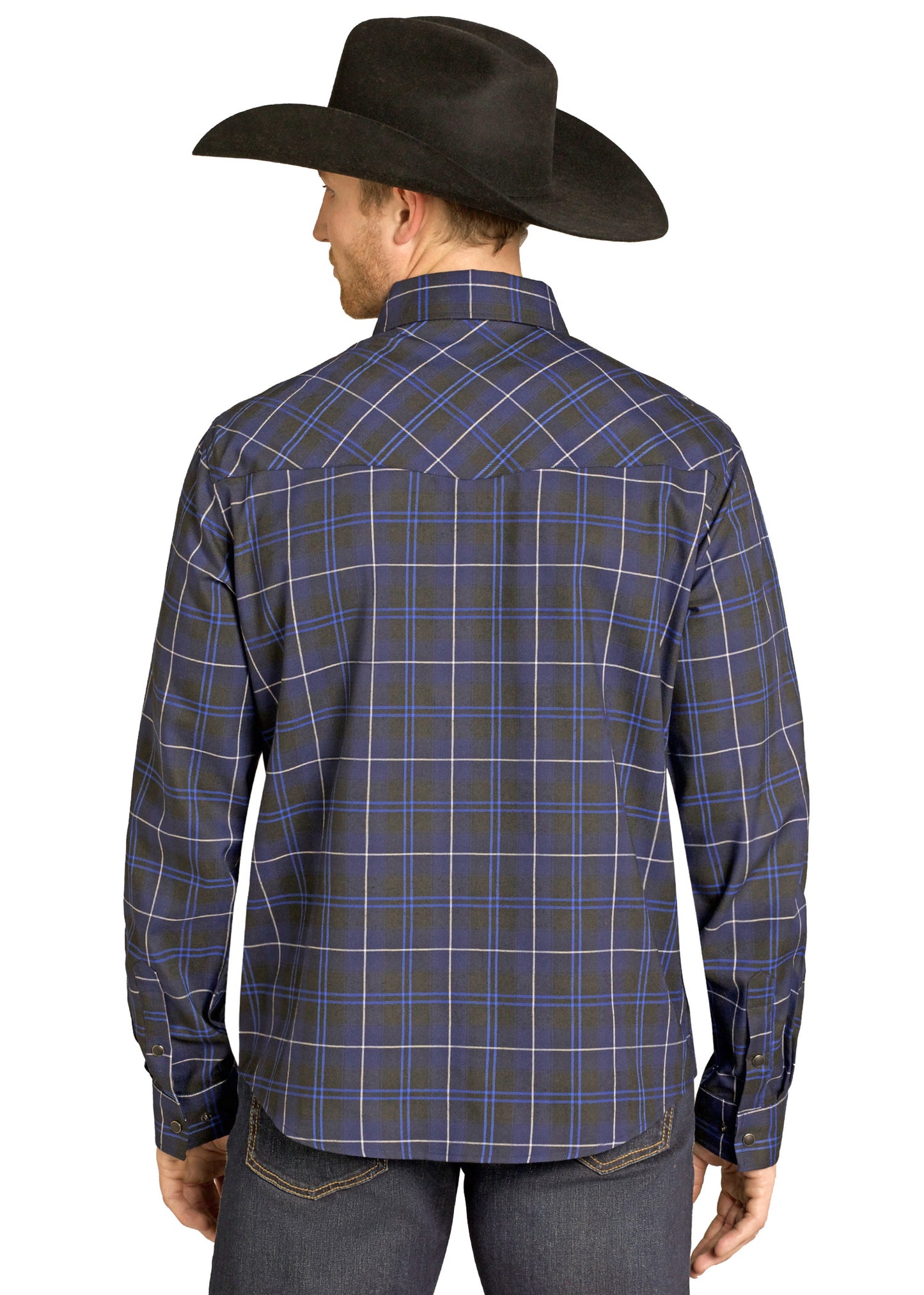 Man wearing a plaid shirt and cowboy hat on a white background
