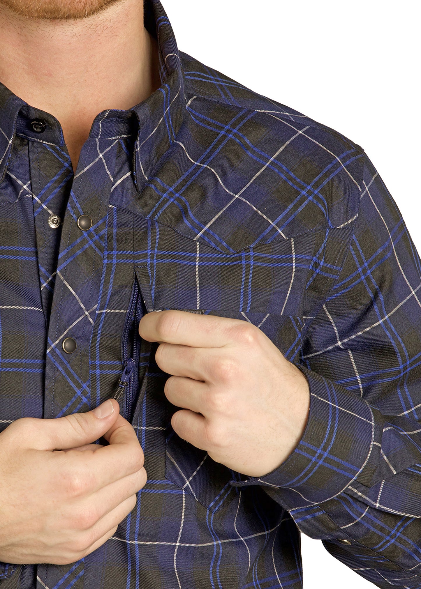Person wearing a blue and black plaid shirt with a close-up of the collar and buttons.