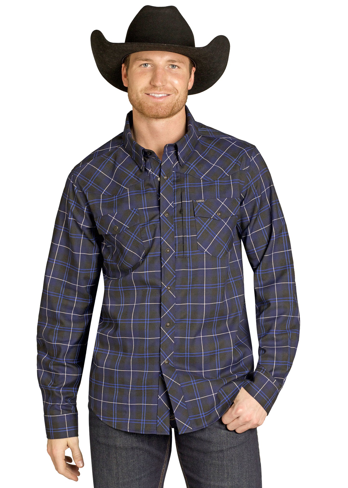 Man wearing a black cowboy hat and plaid shirt on a white background