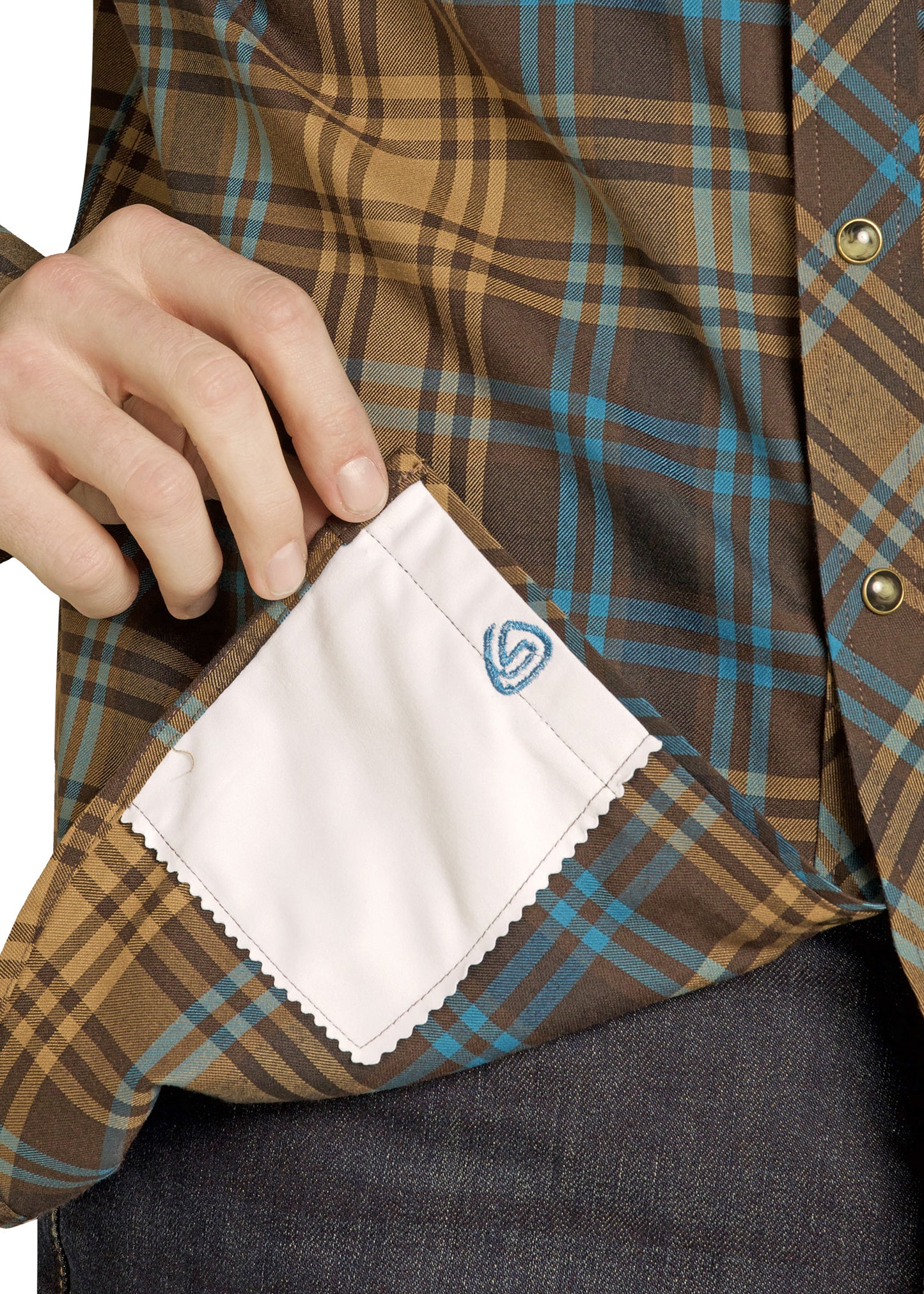 Close-up of a brown plaid shirt with a white pocket square and embroidered logo.