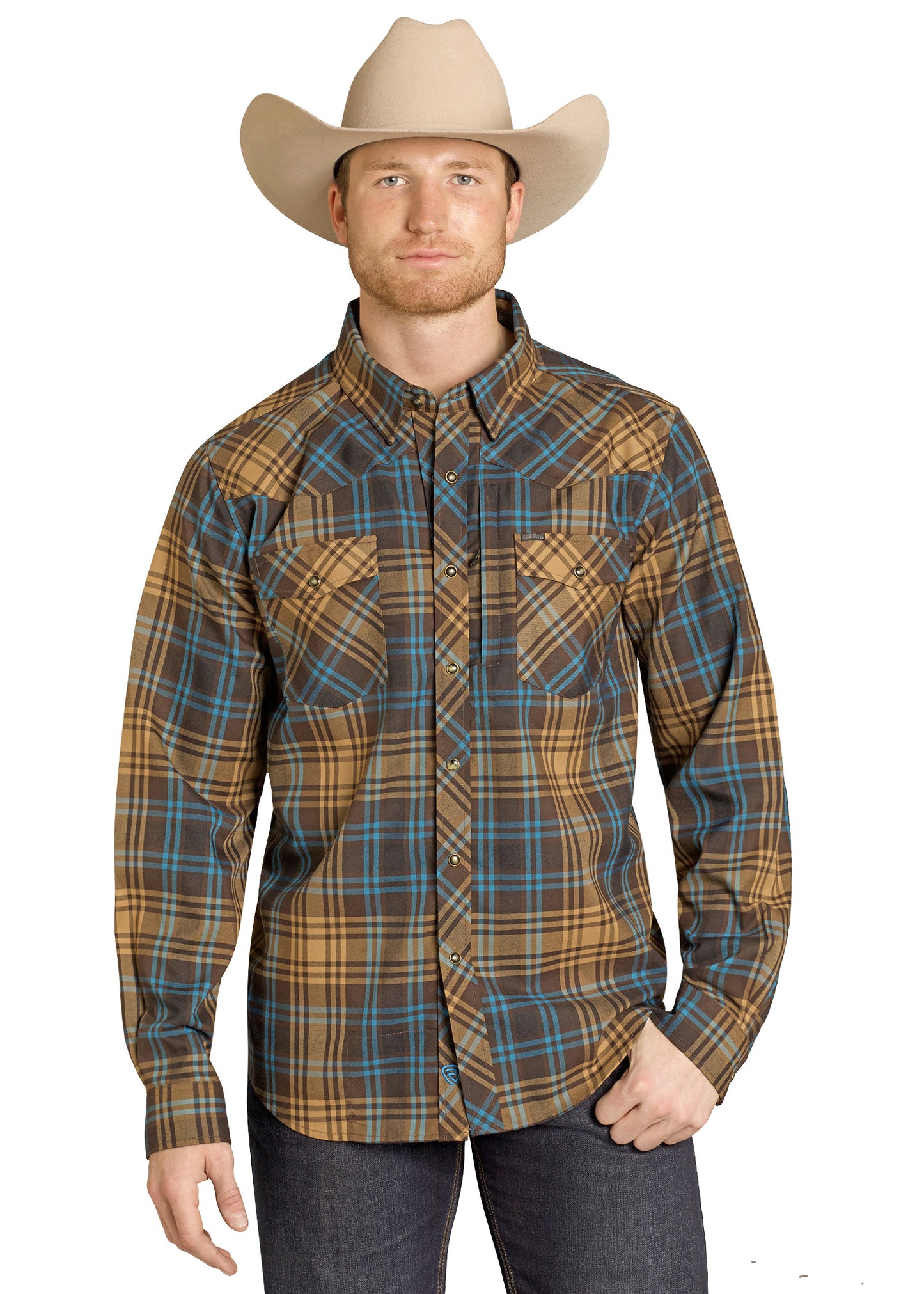 Man wearing a plaid shirt and cowboy hat on a white background