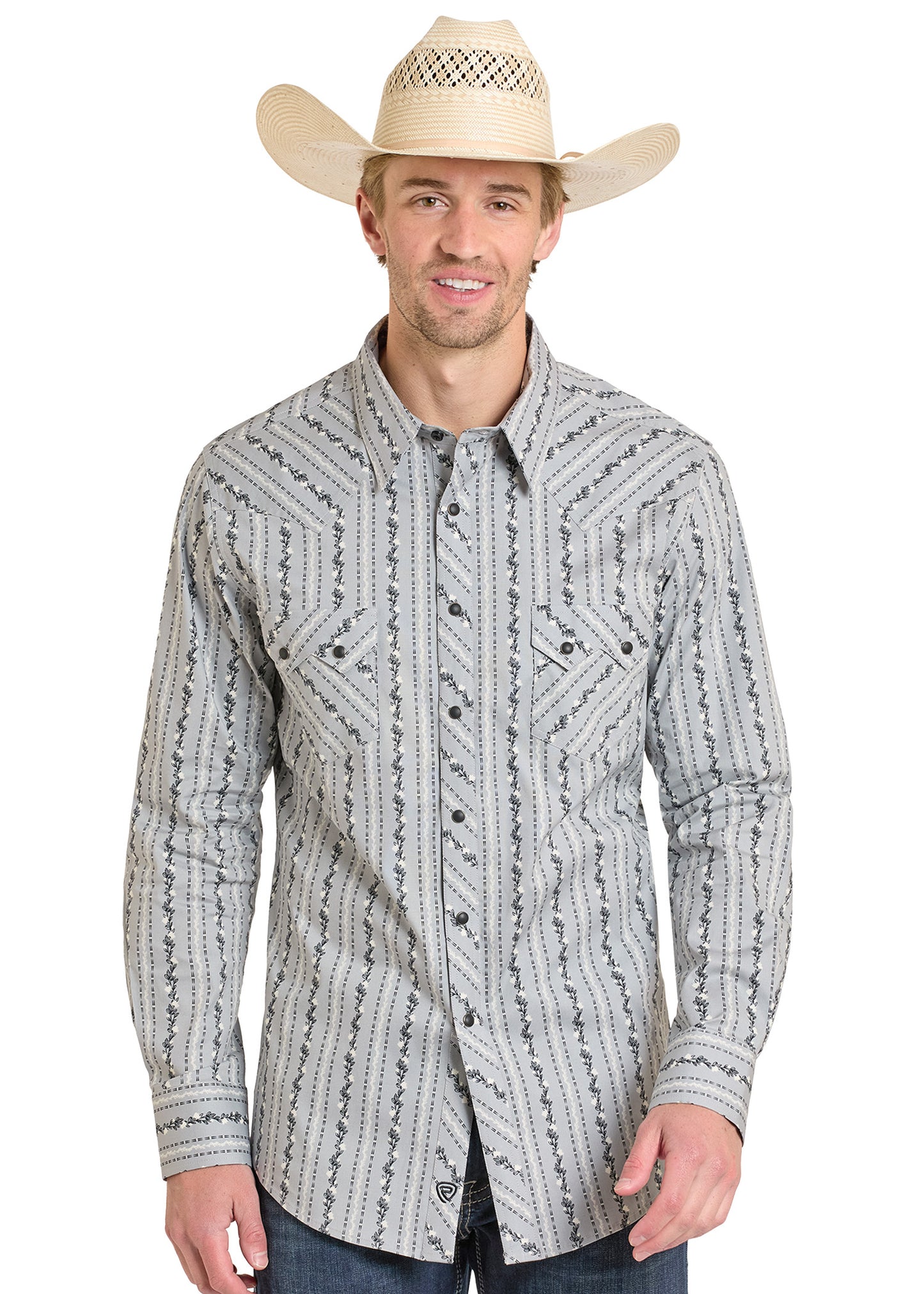Man wearing a patterned button-up shirt and cowboy hat on a white background