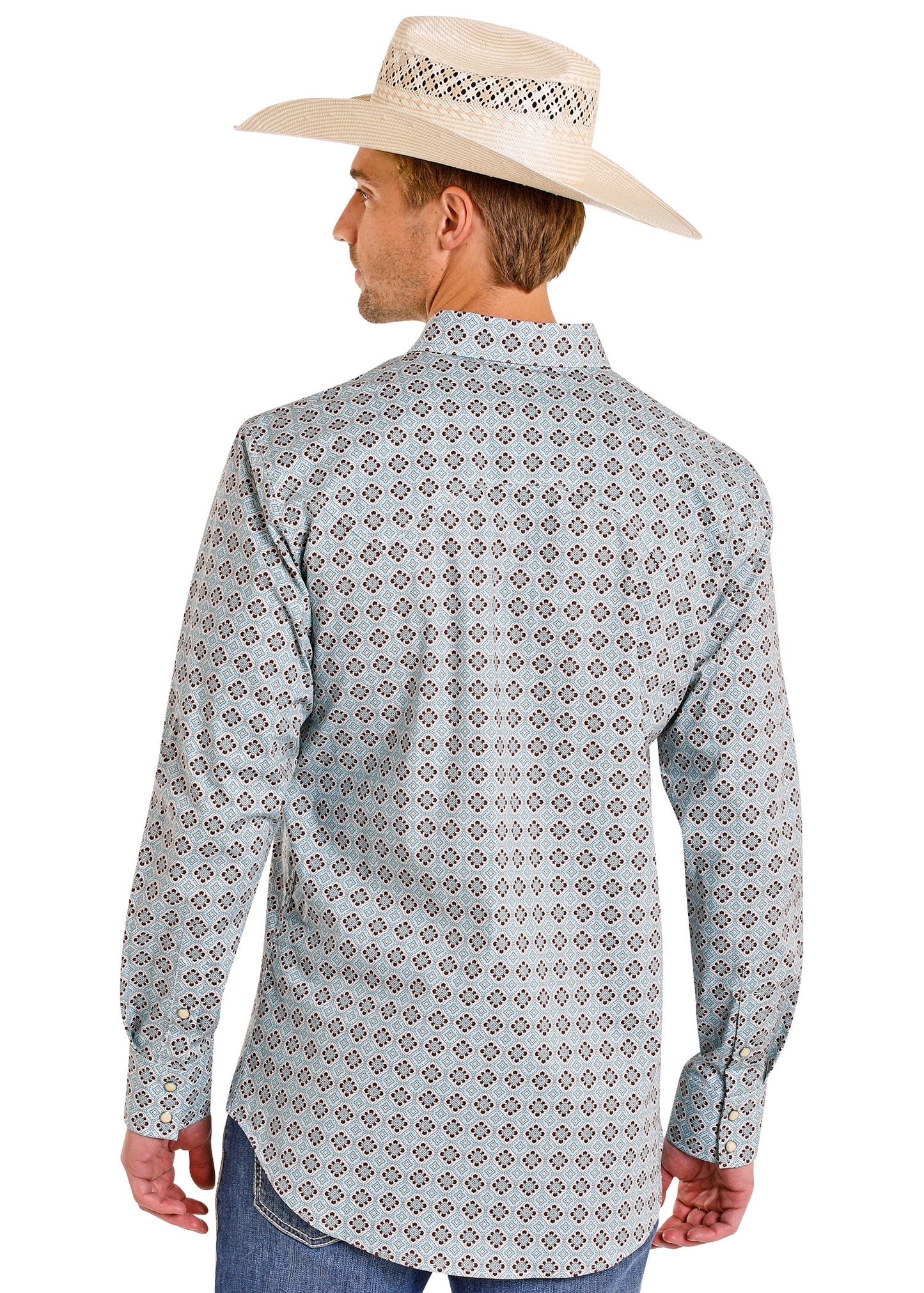 Man wearing a patterned long-sleeve shirt and cowboy hat on a white background