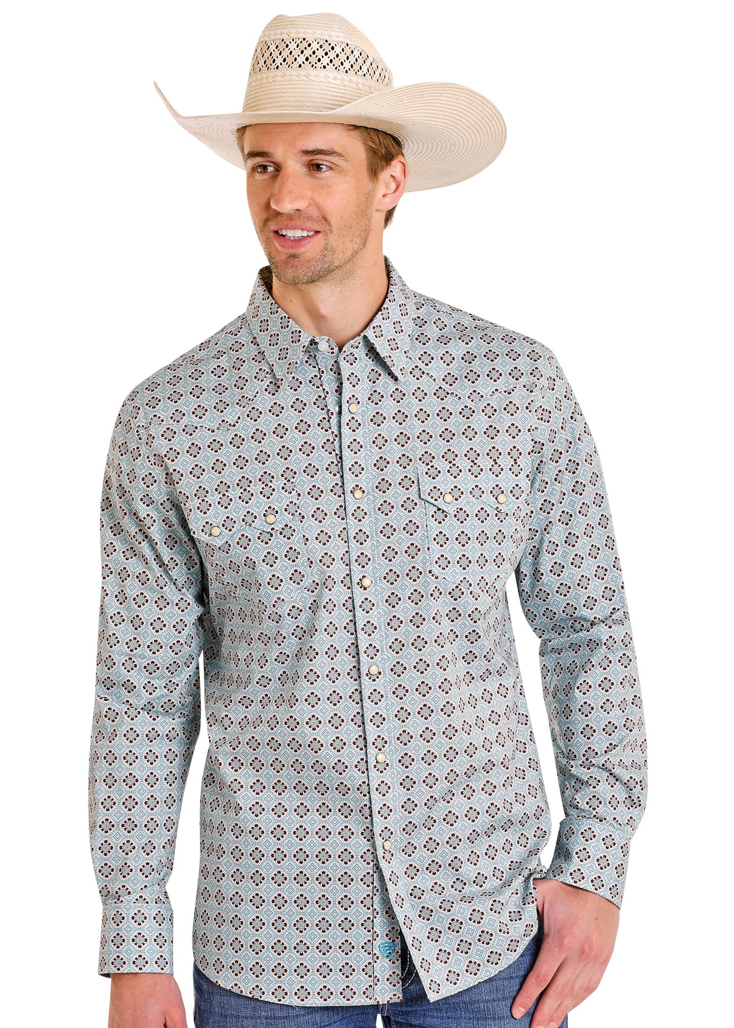 Man wearing a patterned shirt and cowboy hat on a white background